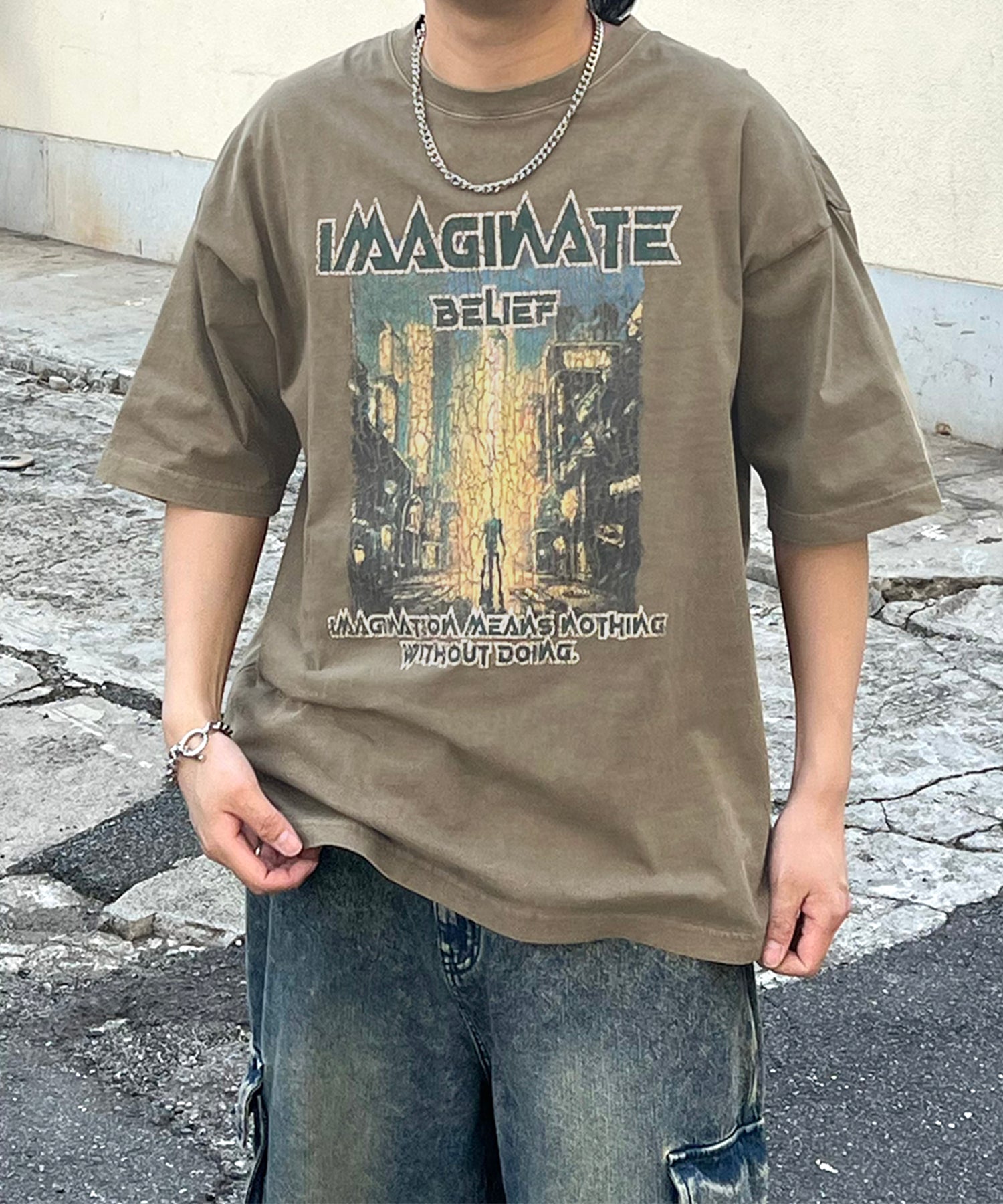 ヴィンテージライク ロックプリント レトロ ピグメント加工 ビッグシルエット半袖バンドTシャツ