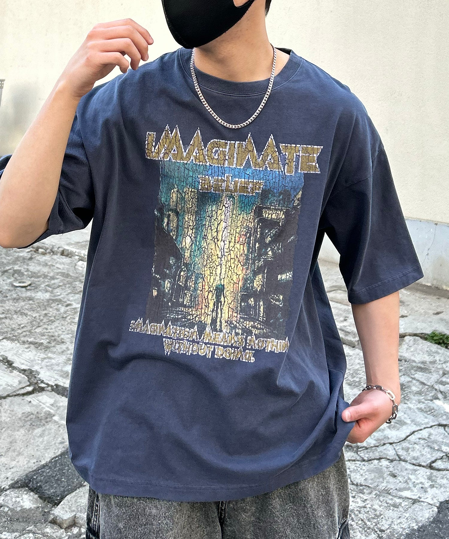 ヴィンテージライク ロックプリント レトロ ピグメント加工 ビッグシルエット半袖バンドTシャツ