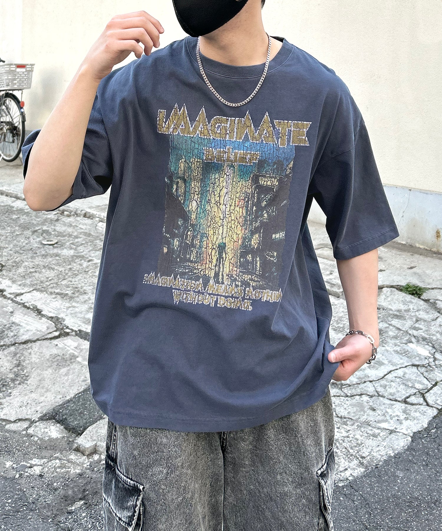ヴィンテージライク ロックプリント レトロ ピグメント加工 ビッグシルエット半袖バンドTシャツ