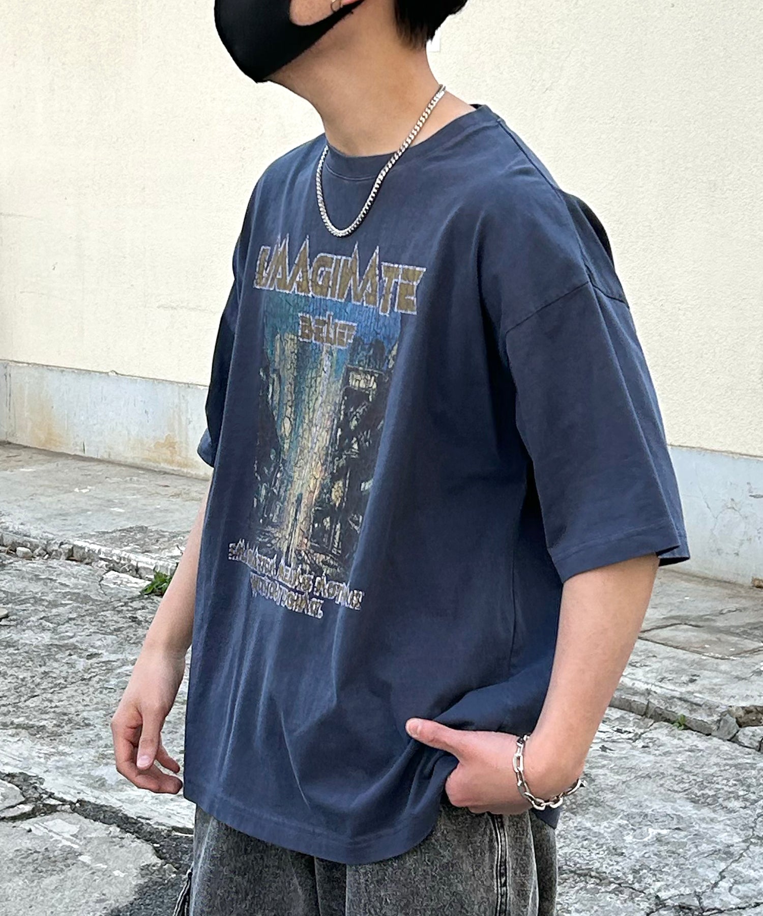 ヴィンテージライク ロックプリント レトロ ピグメント加工 ビッグシルエット半袖バンドTシャツ