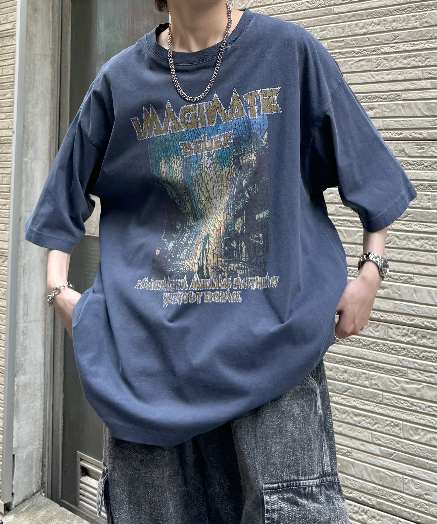 ヴィンテージライク ロックプリント レトロ ピグメント加工 ビッグシルエット半袖バンドTシャツ