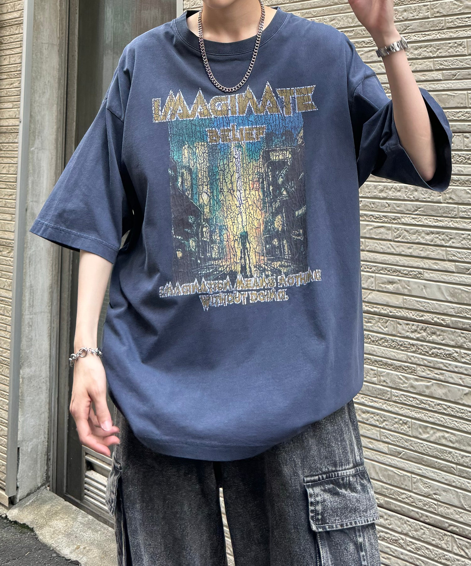 ヴィンテージライク ロックプリント レトロ ピグメント加工 ビッグシルエット半袖バンドTシャツ