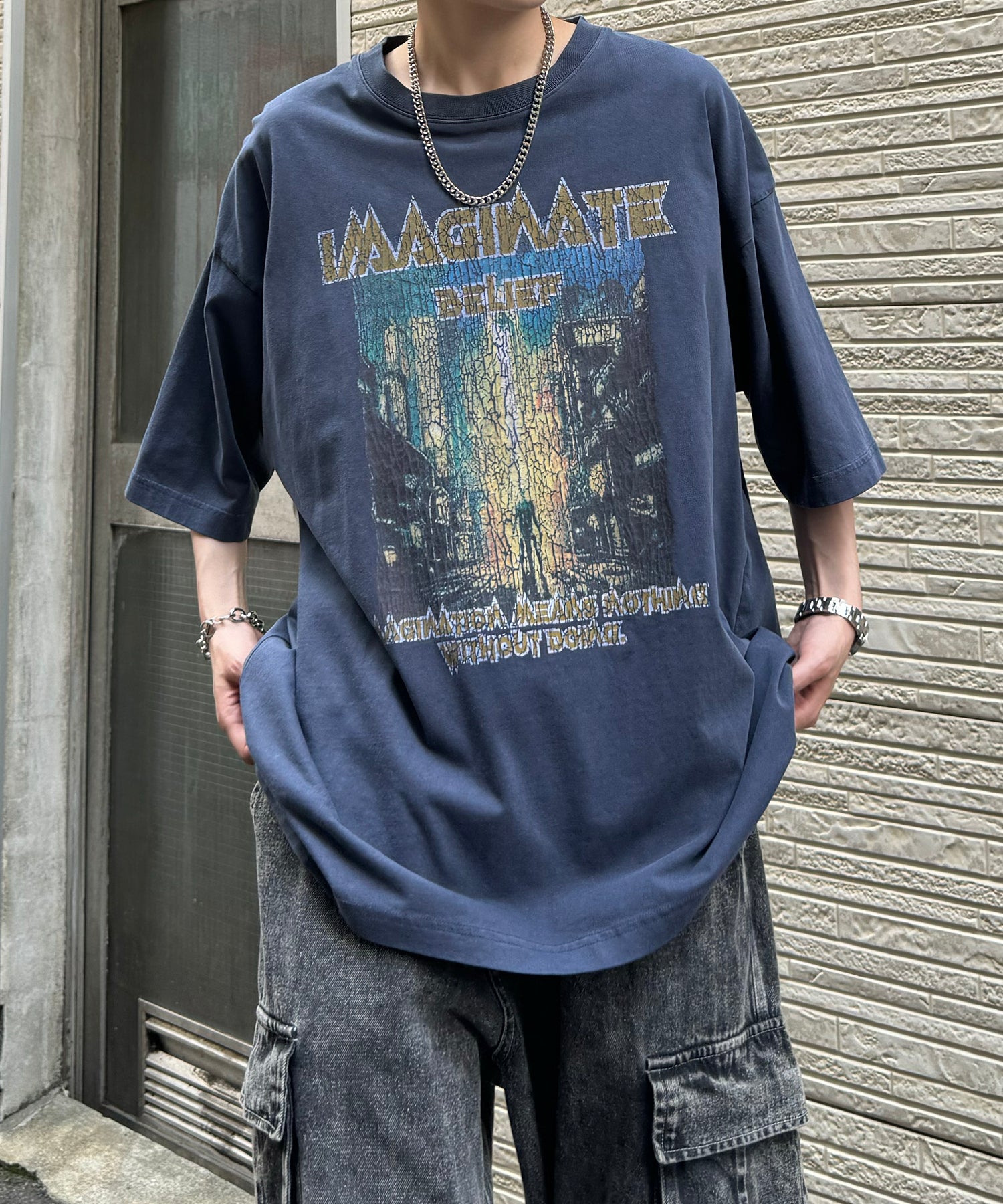 ヴィンテージライク ロックプリント レトロ ピグメント加工 ビッグシルエット半袖バンドTシャツ