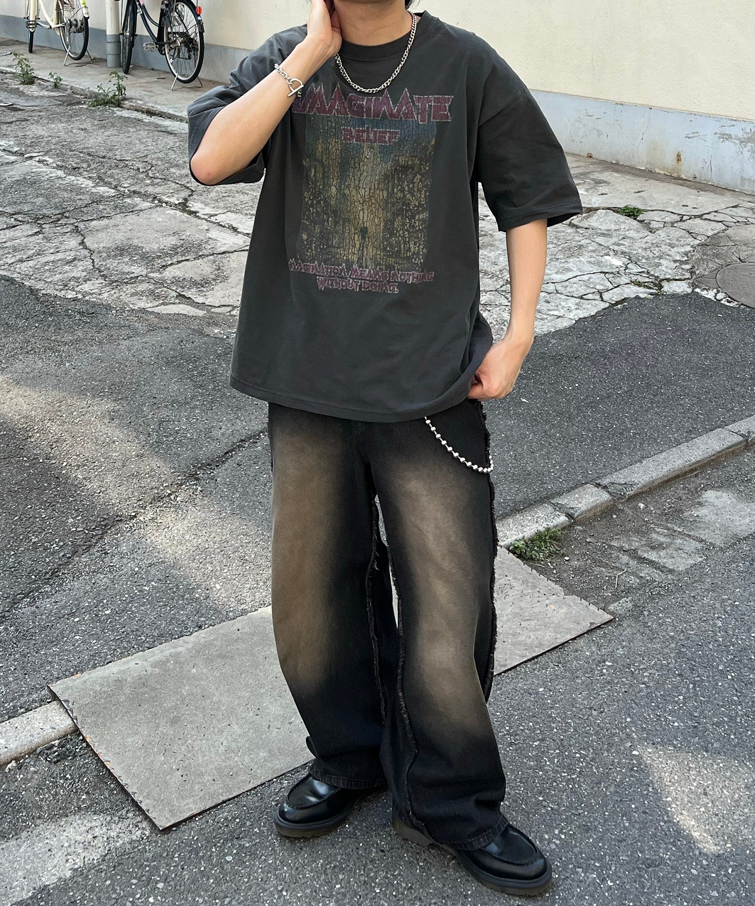 ヴィンテージライク ロックプリント レトロ ピグメント加工 ビッグシルエット半袖バンドTシャツ