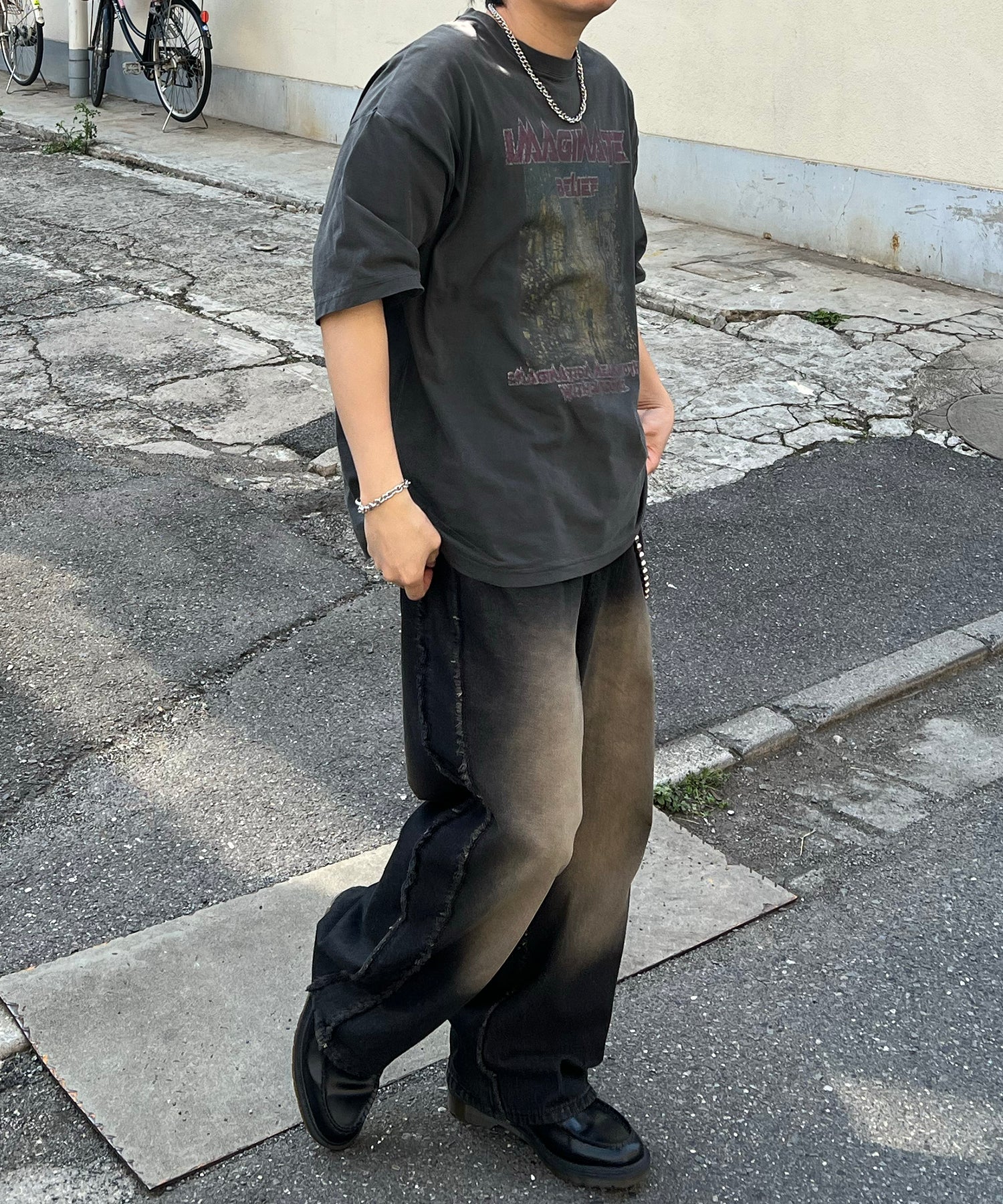 ヴィンテージライク ロックプリント レトロ ピグメント加工 ビッグシルエット半袖バンドTシャツ