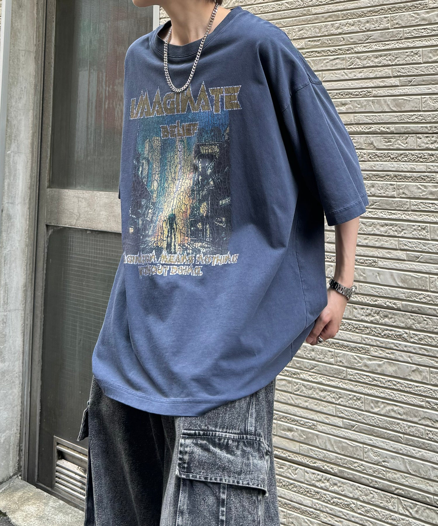 ヴィンテージライク ロックプリント レトロ ピグメント加工 ビッグシルエット半袖バンドTシャツ