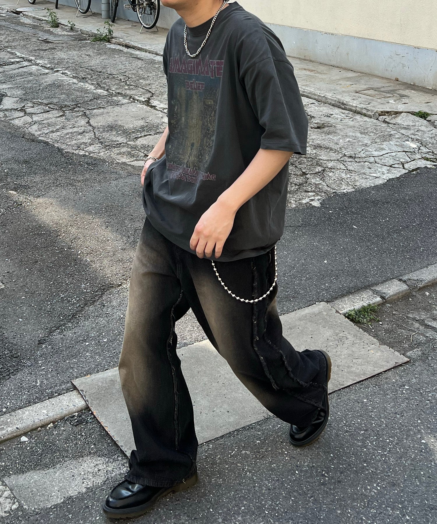 ヴィンテージライク ロックプリント レトロ ピグメント加工 ビッグシルエット半袖バンドTシャツ