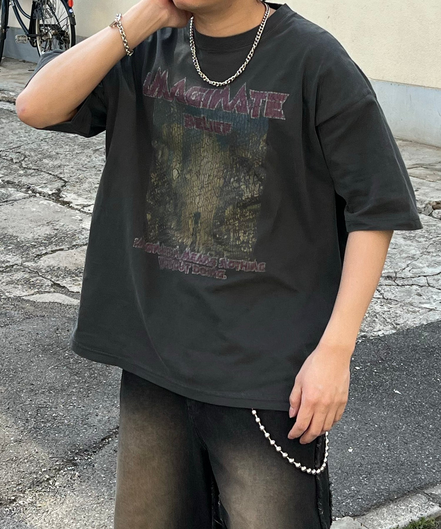 ヴィンテージライク ロックプリント レトロ ピグメント加工 ビッグシルエット半袖バンドTシャツ