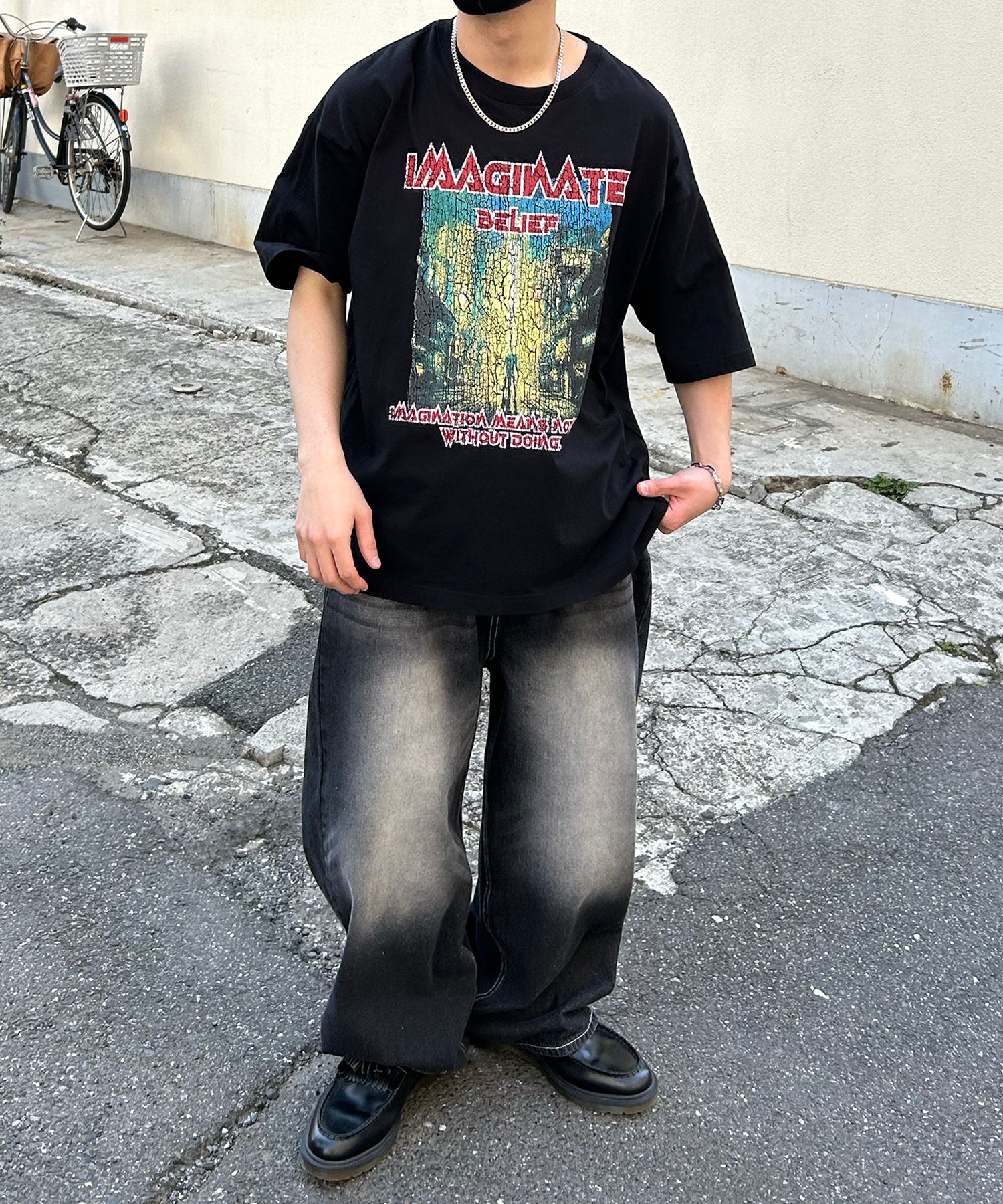 ヴィンテージライク ロックプリント レトロ ピグメント加工 ビッグシルエット半袖バンドTシャツ