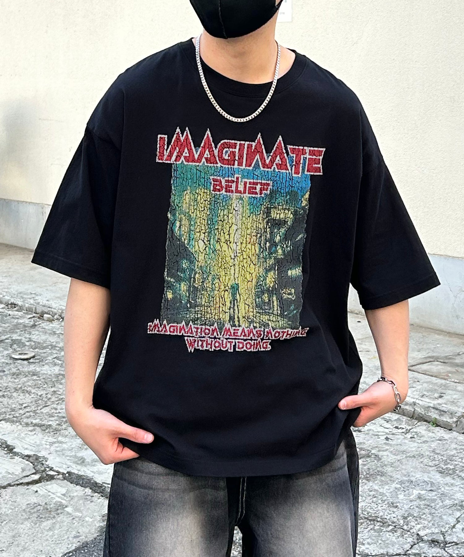 ヴィンテージライク ロックプリント レトロ ピグメント加工 ビッグシルエット半袖バンドTシャツ