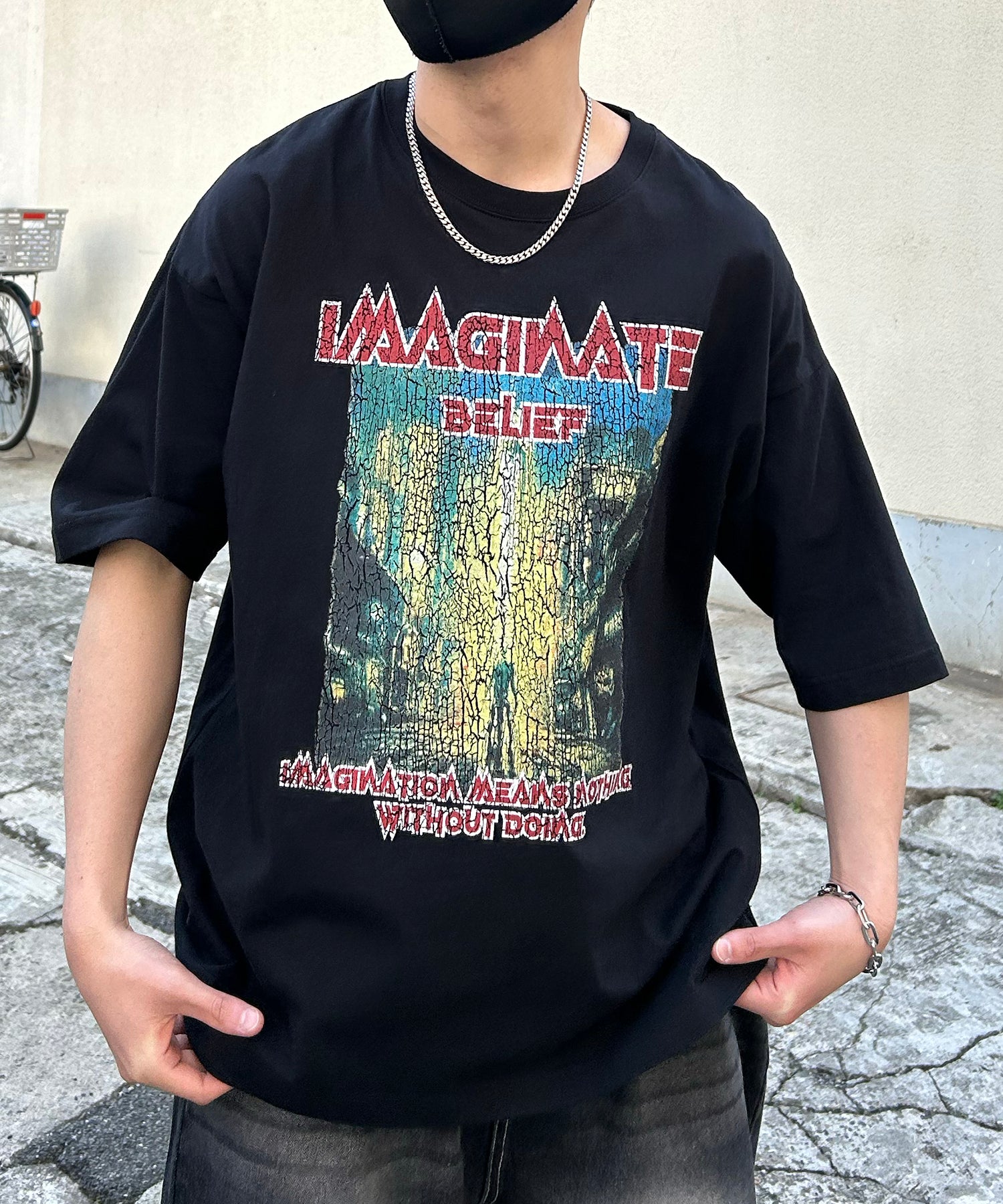 ヴィンテージライク ロックプリント レトロ ピグメント加工 ビッグシルエット半袖バンドTシャツ