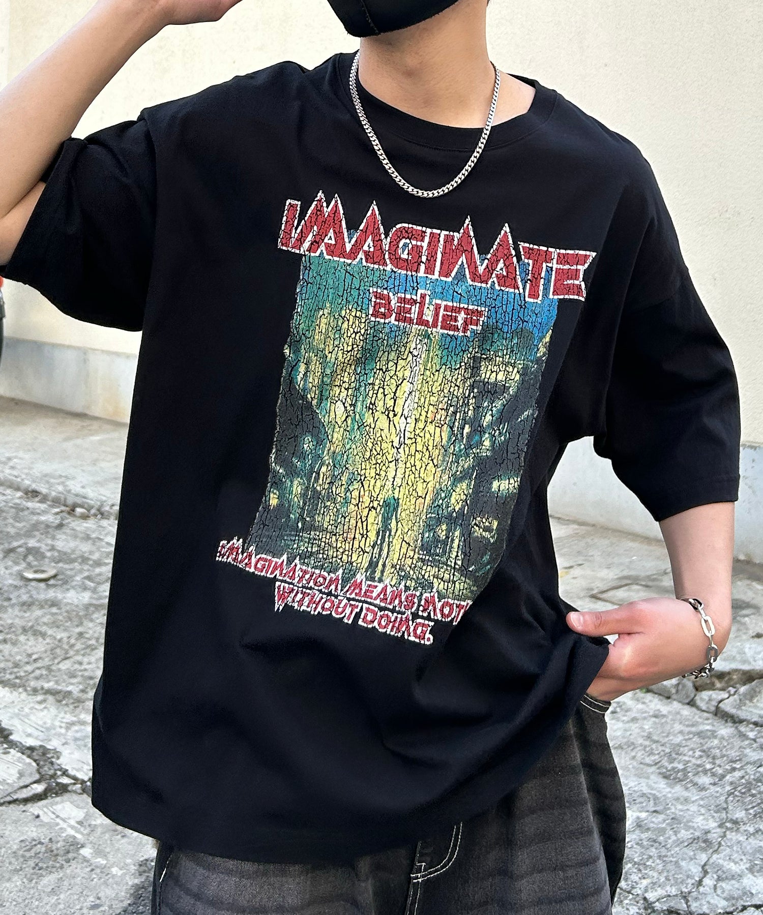 ヴィンテージライク ロックプリント レトロ ピグメント加工 ビッグシルエット半袖バンドTシャツ