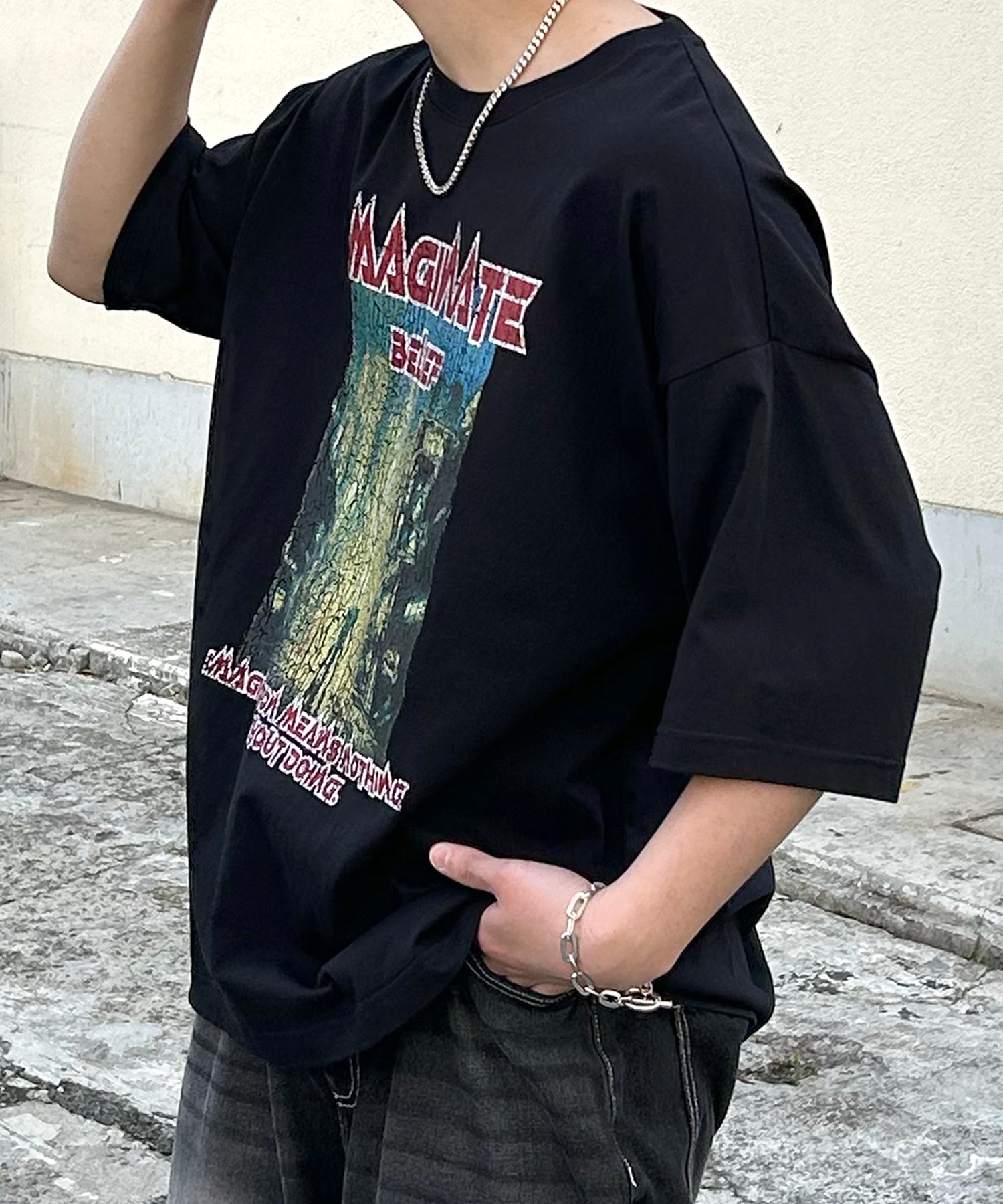 ヴィンテージライク ロックプリント レトロ ピグメント加工 ビッグシルエット半袖バンドTシャツ