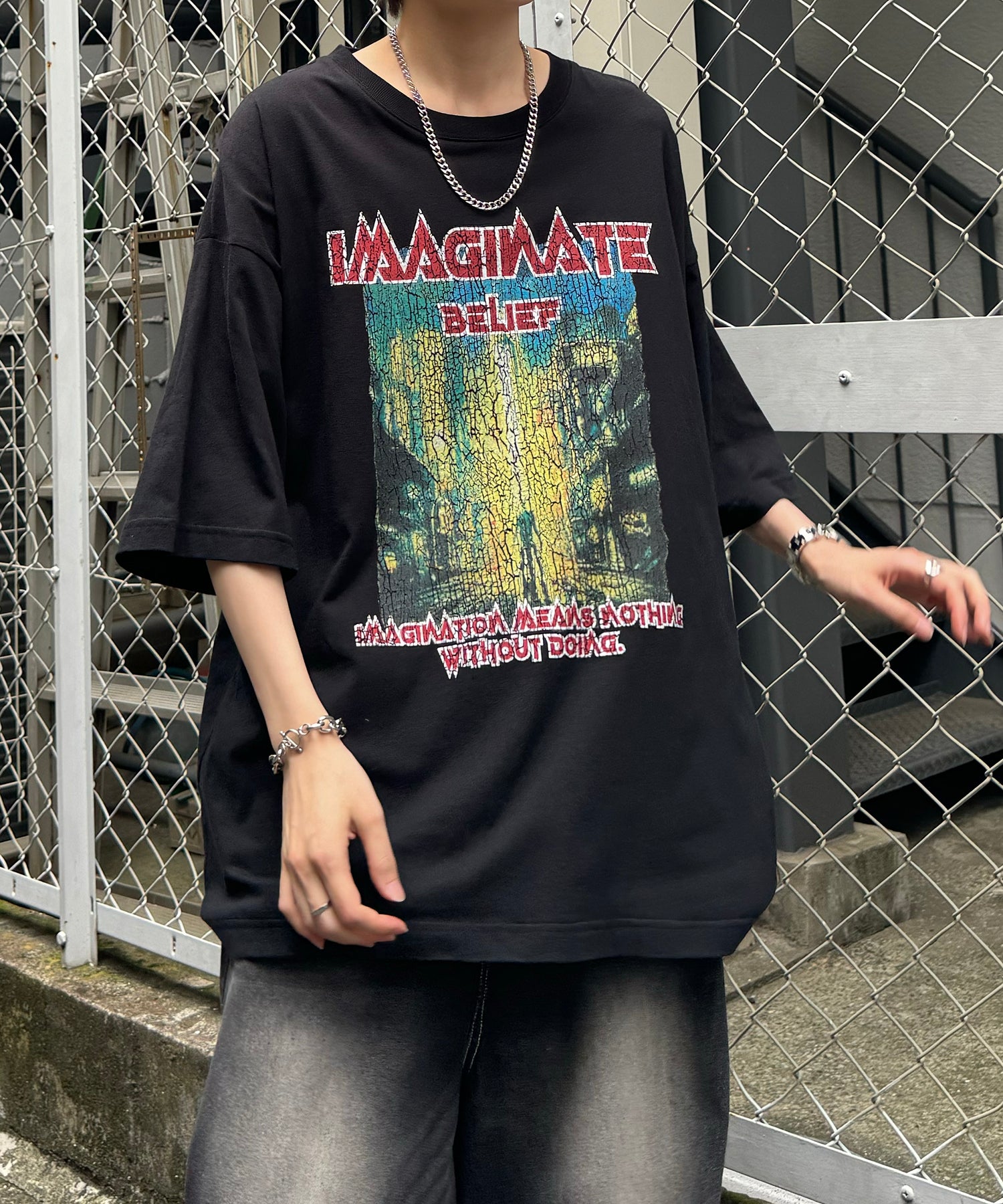 ヴィンテージライク ロックプリント レトロ ピグメント加工 ビッグシルエット半袖バンドTシャツ