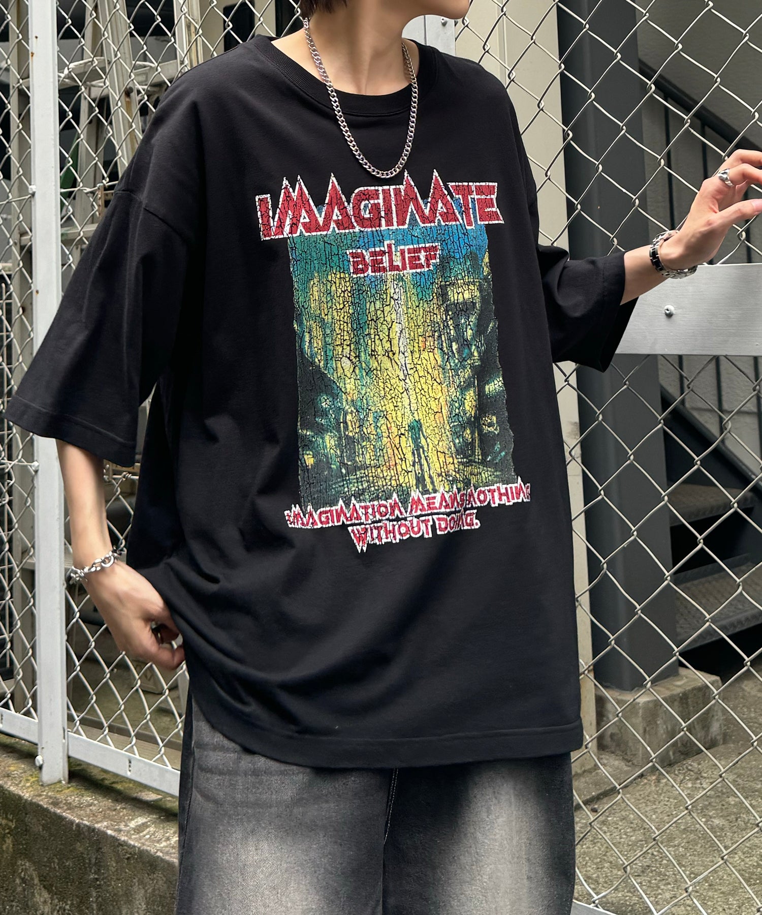 ヴィンテージライク ロックプリント レトロ ピグメント加工 ビッグシルエット半袖バンドTシャツ