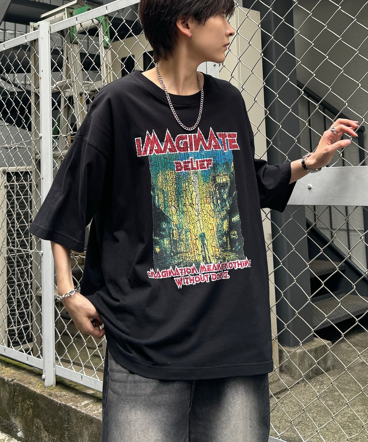 ヴィンテージライク ロックプリント レトロ ピグメント加工 ビッグシルエット半袖バンドTシャツ