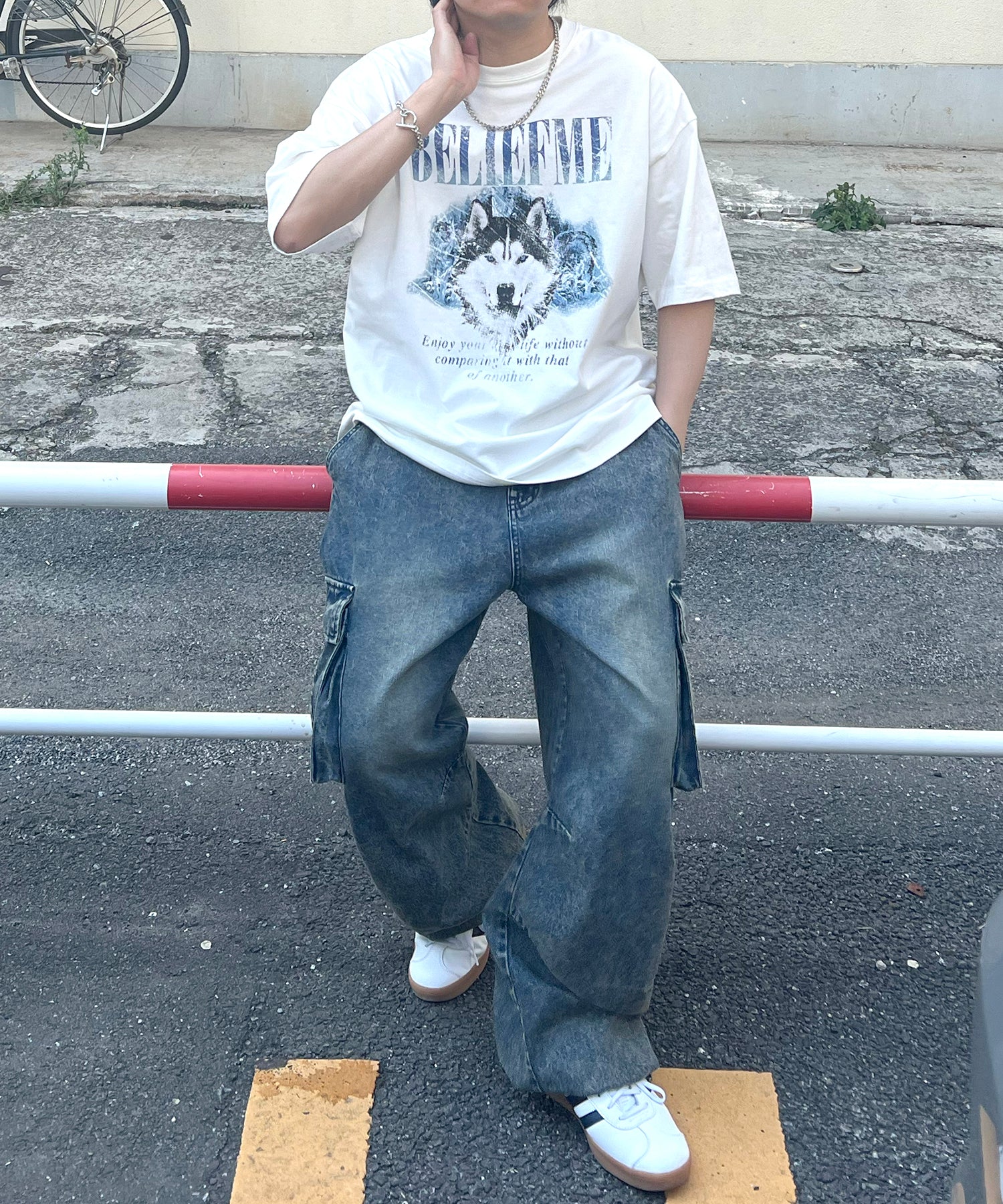 24SS ヴィンテージライク ロックプリント レトロ ピグメント加工 ビッグシルエット半袖バンドTシャツ
