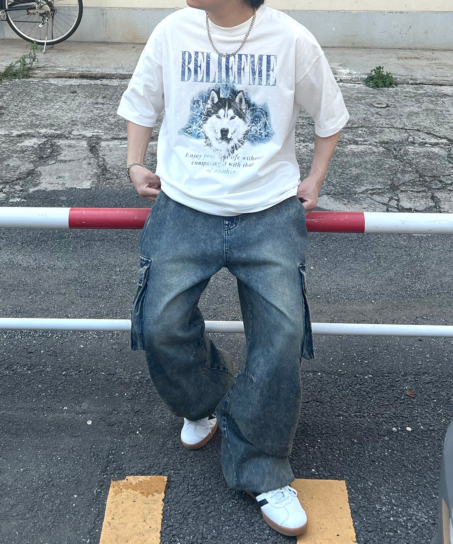 24SS ヴィンテージライク ロックプリント レトロ ピグメント加工 ビッグシルエット半袖バンドTシャツ