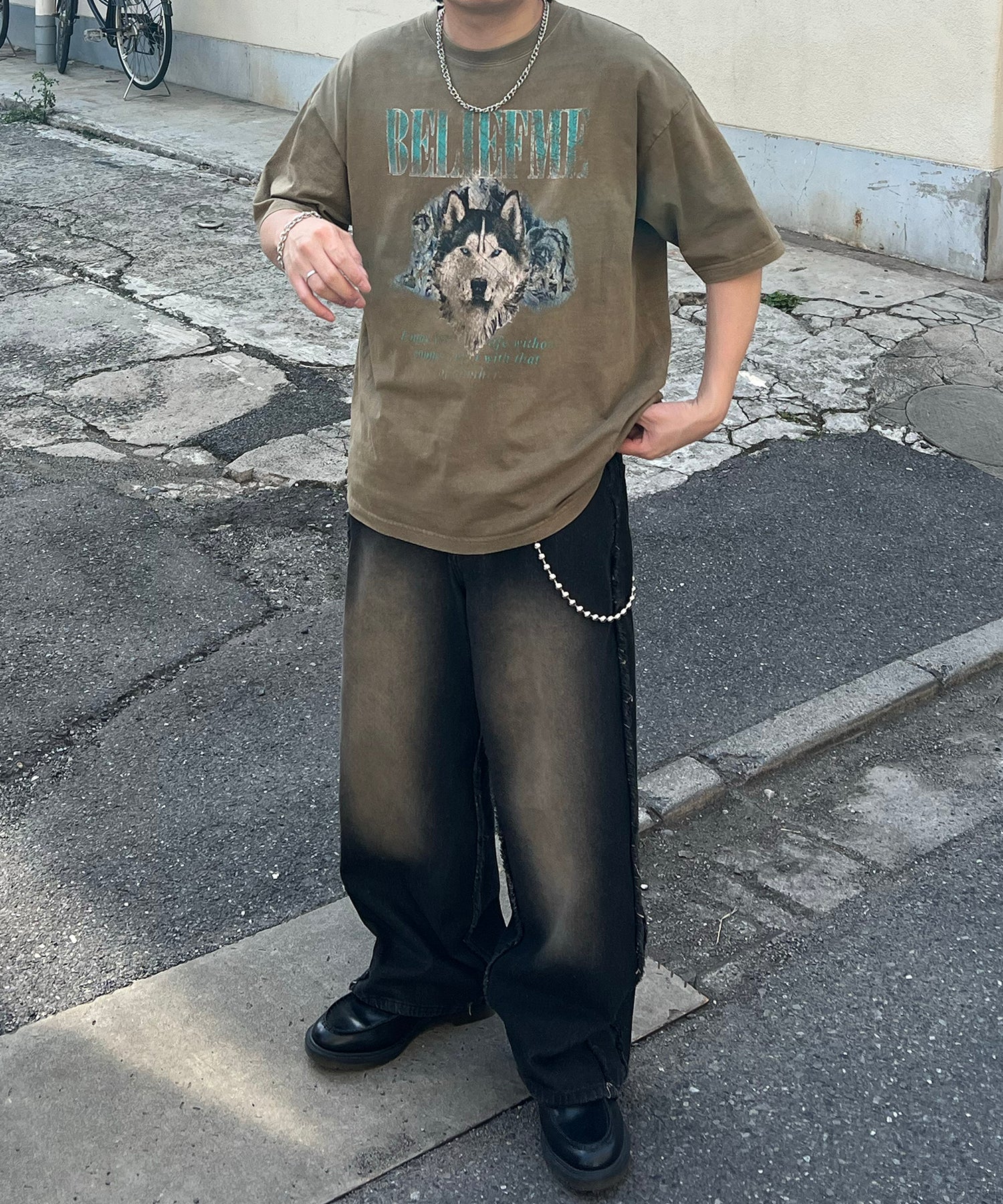 24SS ヴィンテージライク ロックプリント レトロ ピグメント加工 ビッグシルエット半袖バンドTシャツ