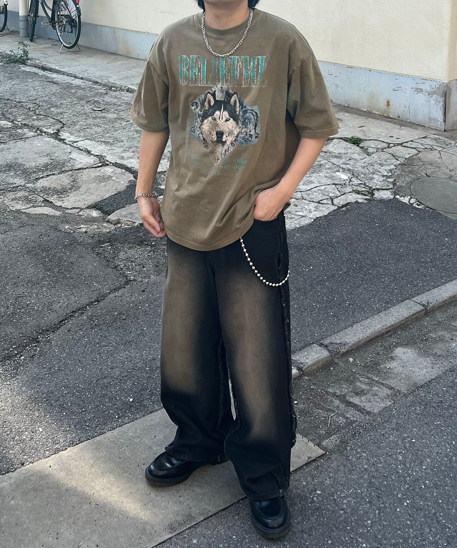 24SS ヴィンテージライク ロックプリント レトロ ピグメント加工 ビッグシルエット半袖バンドTシャツ