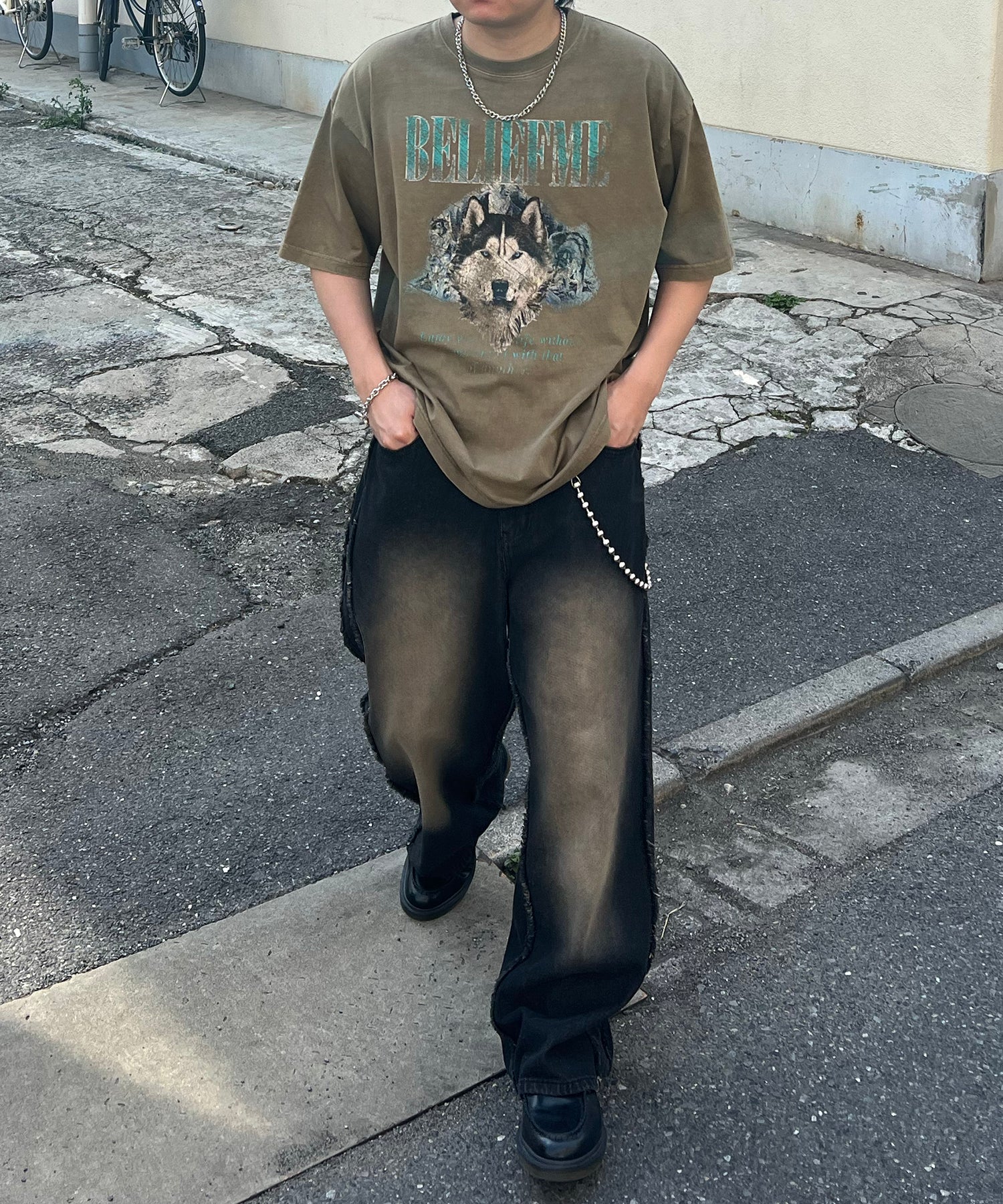 24SS ヴィンテージライク ロックプリント レトロ ピグメント加工 ビッグシルエット半袖バンドTシャツ