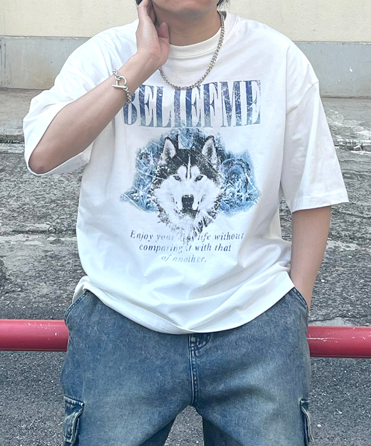 24SS ヴィンテージライク ロックプリント レトロ ピグメント加工 ビッグシルエット半袖バンドTシャツ