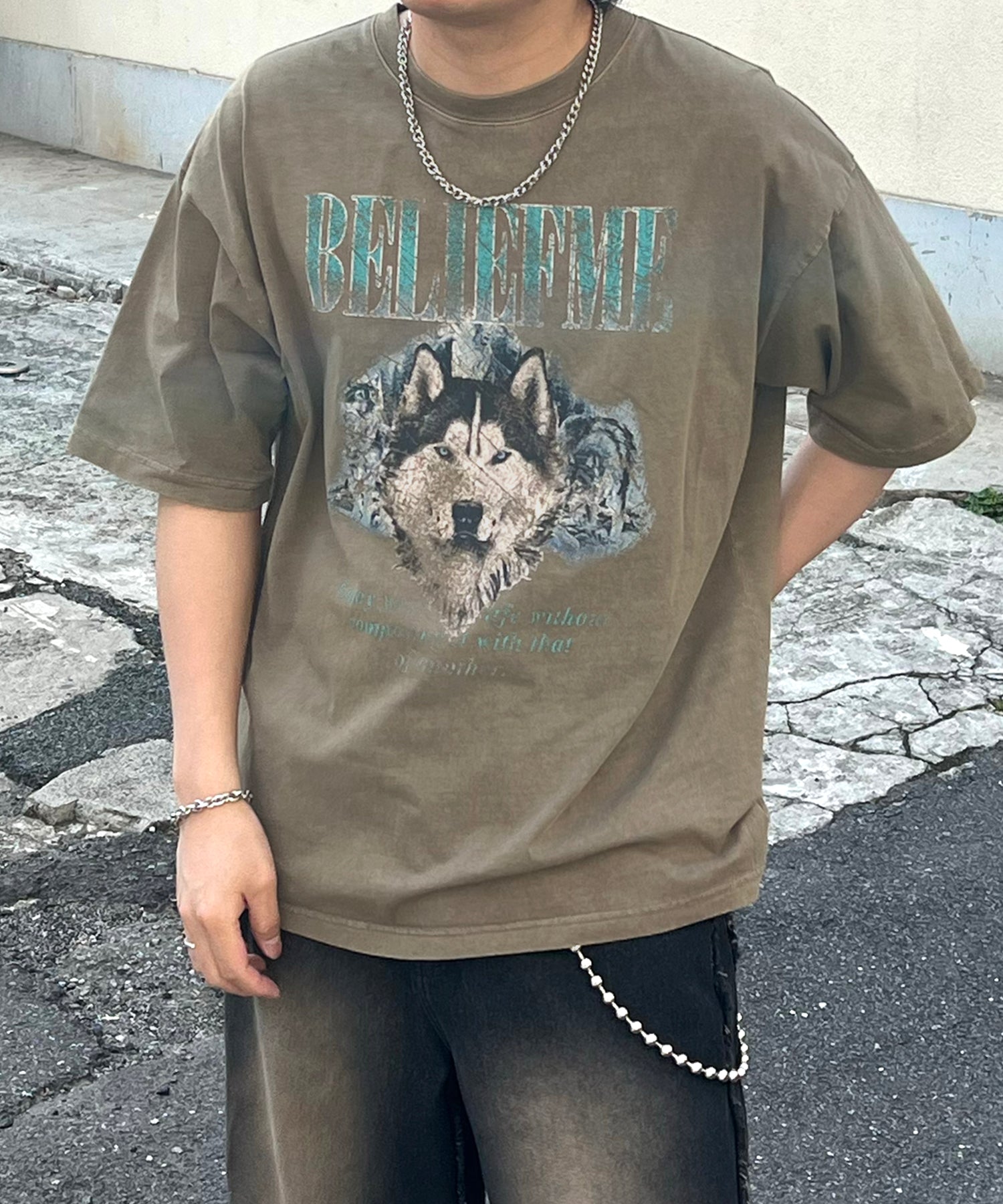 24SS ヴィンテージライク ロックプリント レトロ ピグメント加工 ビッグシルエット半袖バンドTシャツ