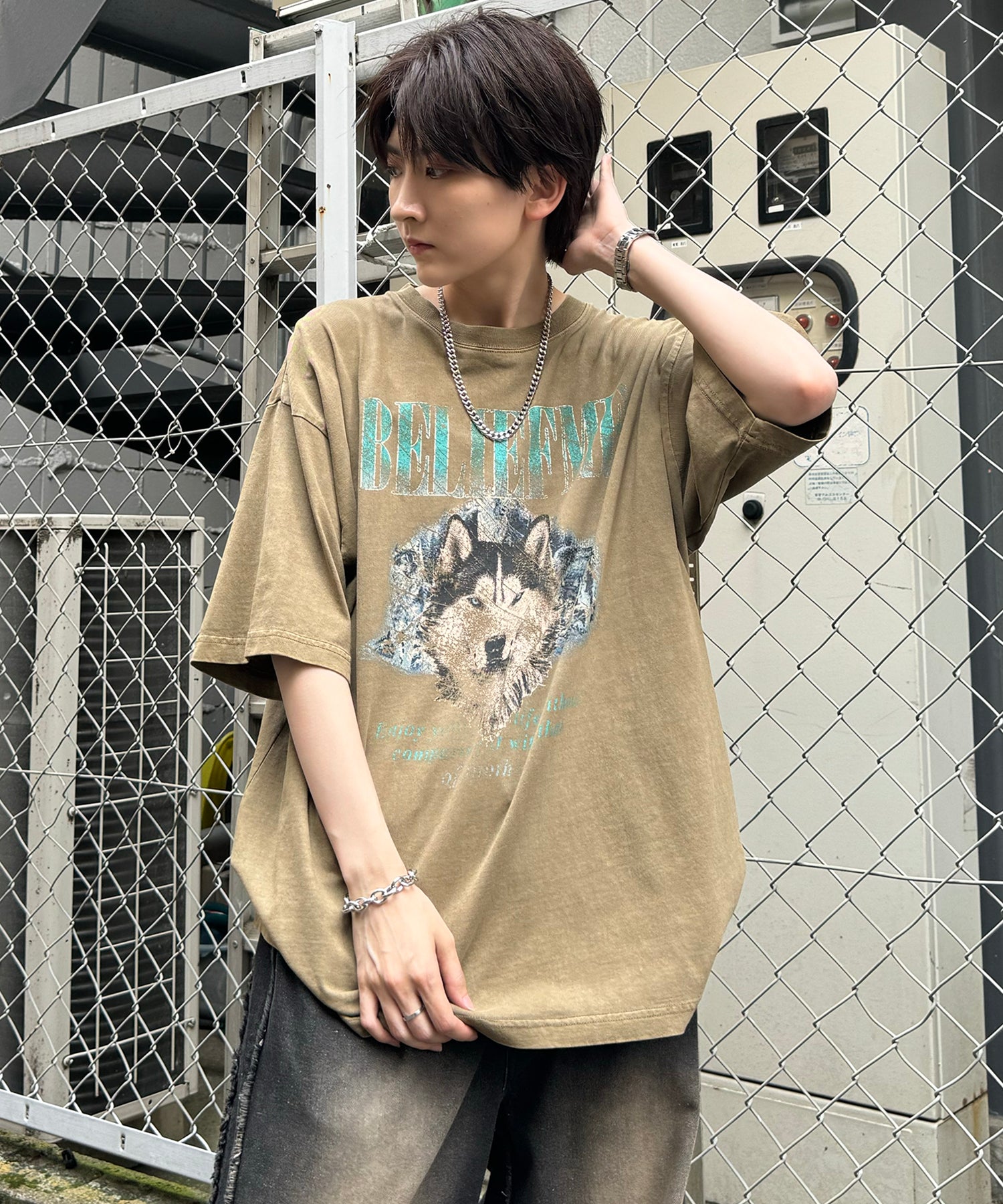 24SS ヴィンテージライク ロックプリント レトロ ピグメント加工 ビッグシルエット半袖バンドTシャツ