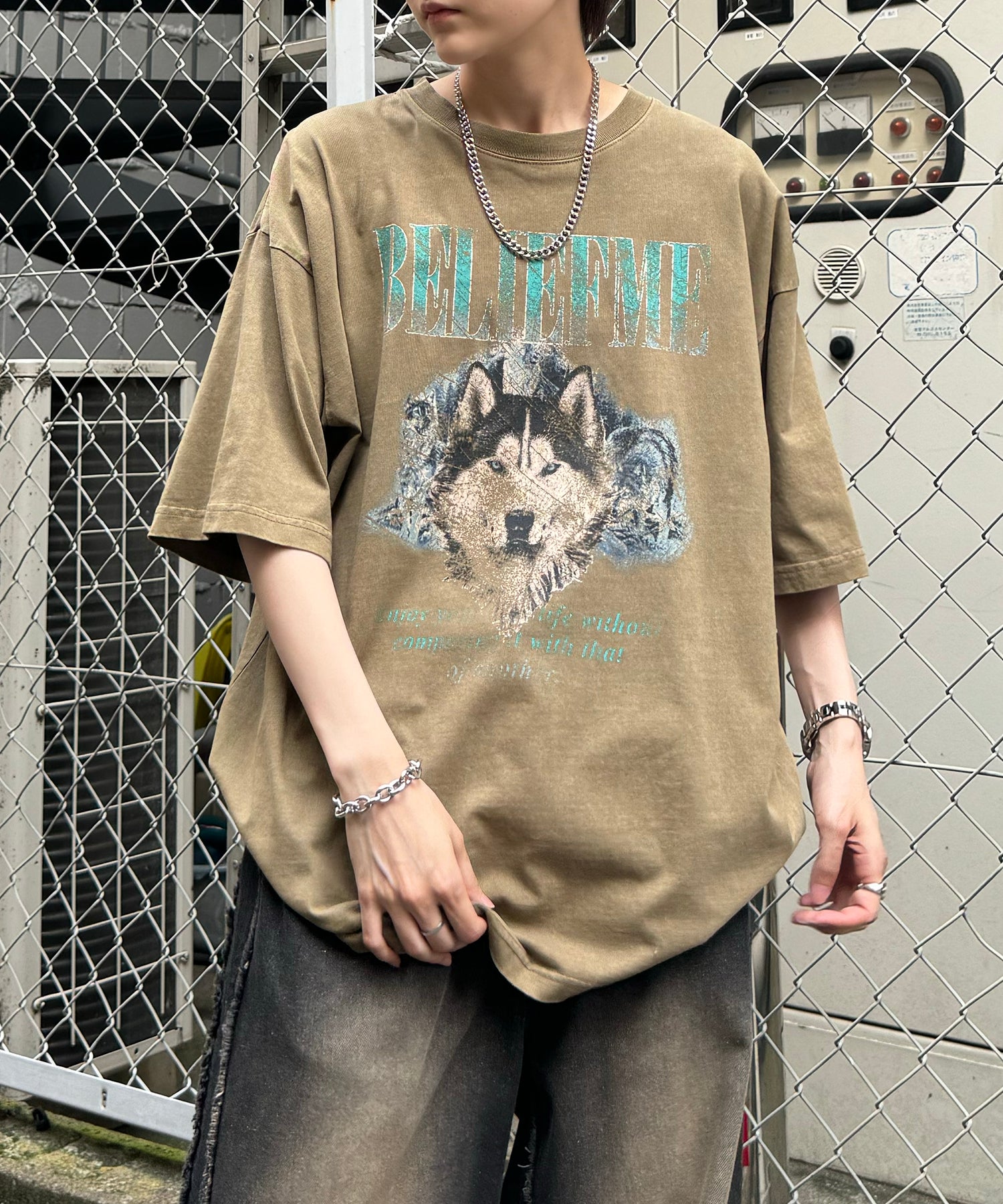 24SS ヴィンテージライク ロックプリント レトロ ピグメント加工 ビッグシルエット半袖バンドTシャツ