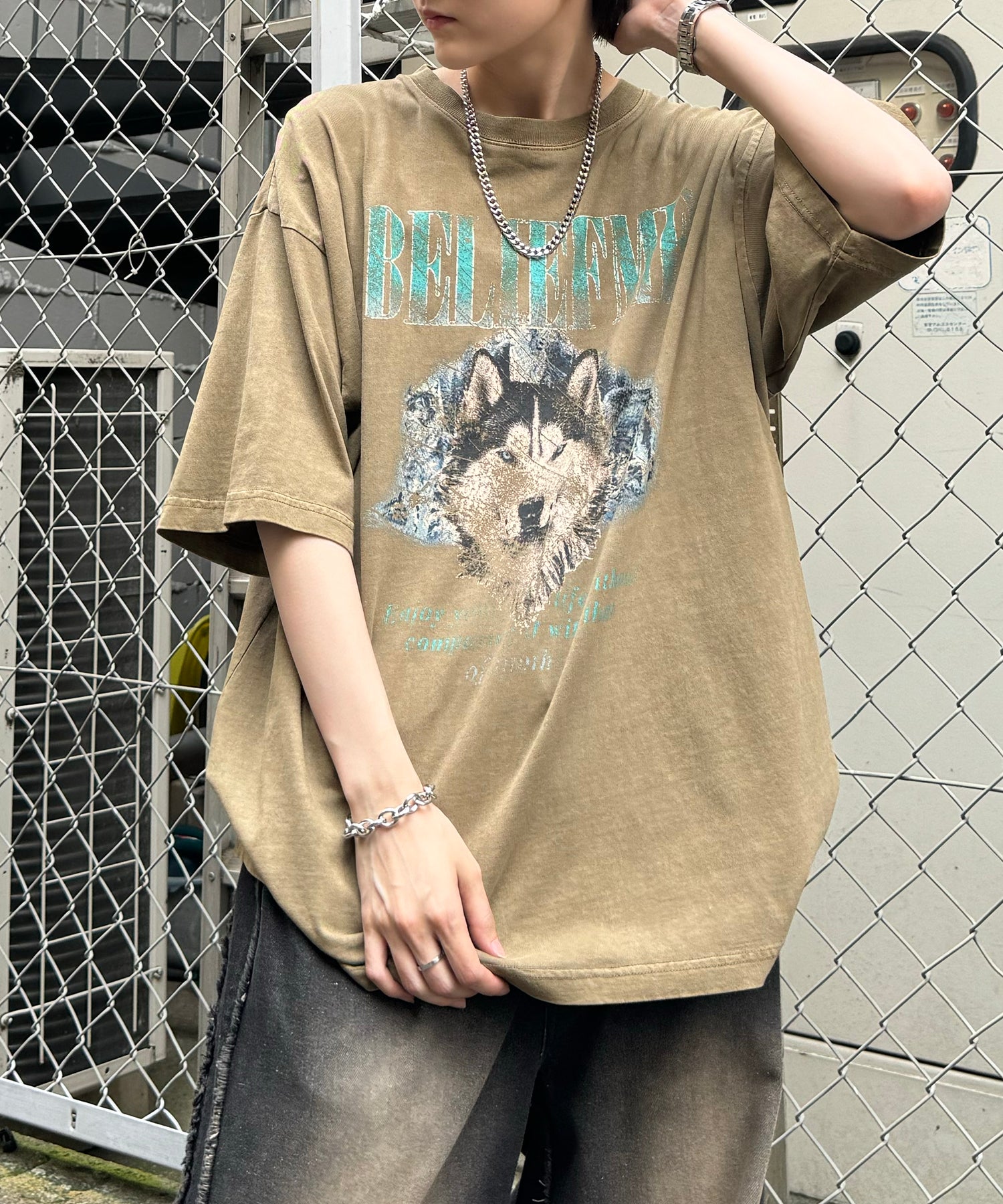 24SS ヴィンテージライク ロックプリント レトロ ピグメント加工 ビッグシルエット半袖バンドTシャツ