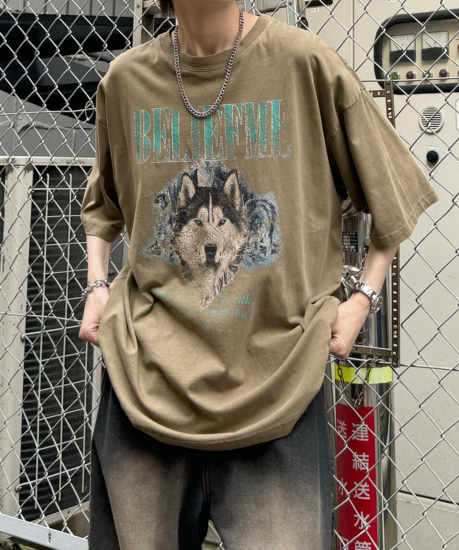 24SS ヴィンテージライク ロックプリント レトロ ピグメント加工 ビッグシルエット半袖バンドTシャツ