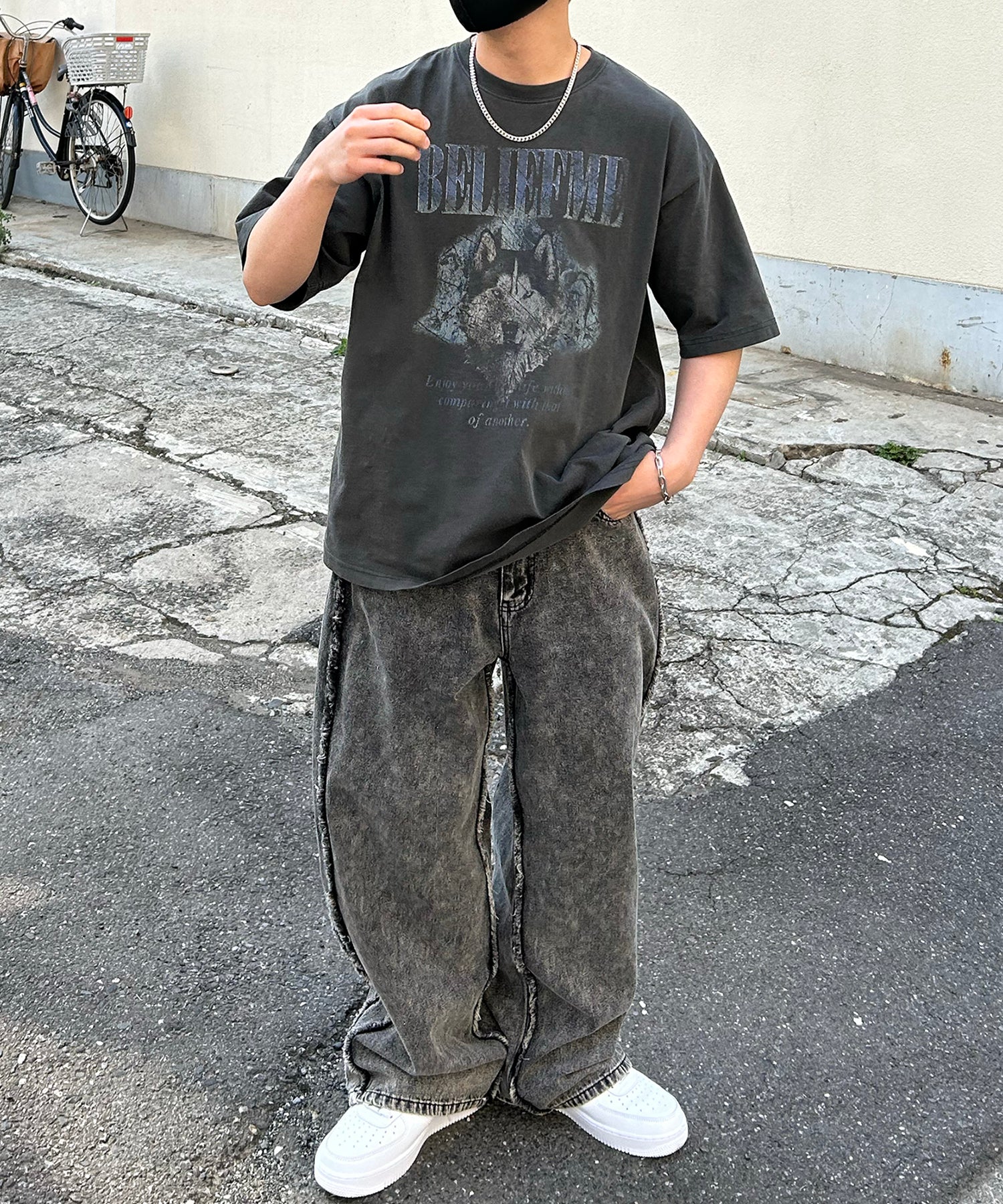 24SS ヴィンテージライク ロックプリント レトロ ピグメント加工 ビッグシルエット半袖バンドTシャツ