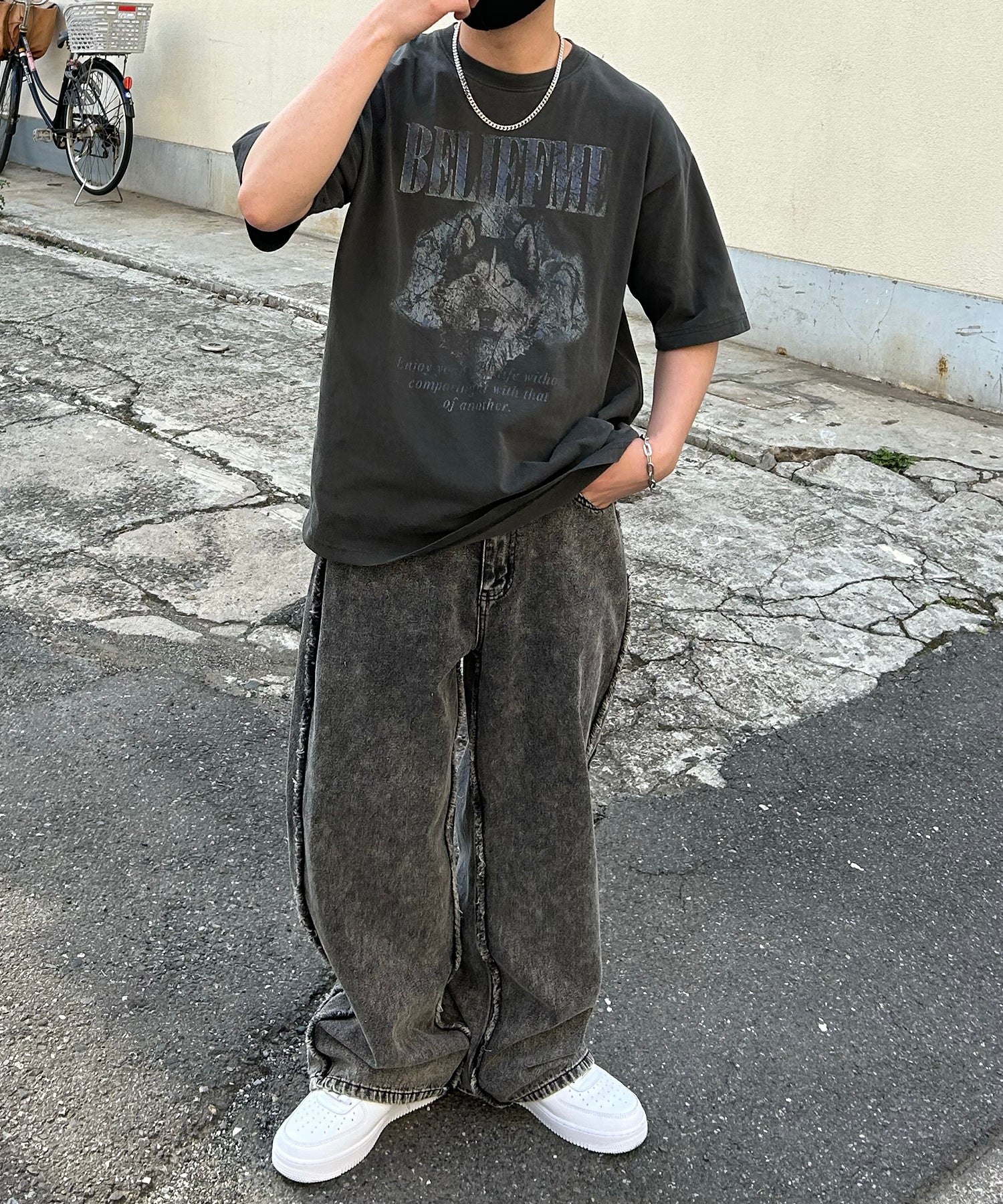 24SS ヴィンテージライク ロックプリント レトロ ピグメント加工 ビッグシルエット半袖バンドTシャツ