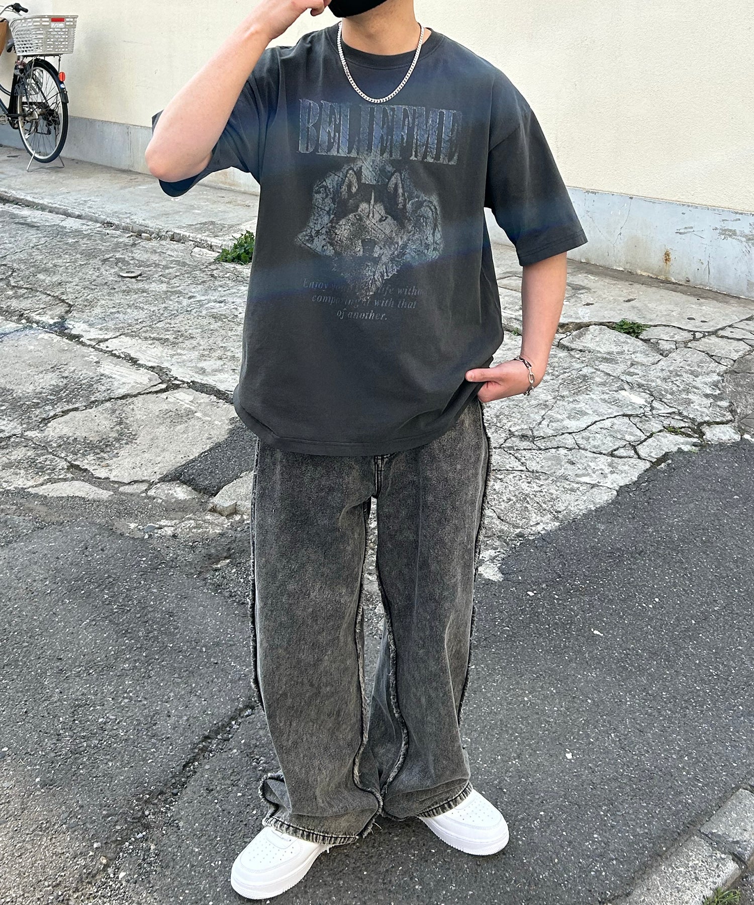 24SS ヴィンテージライク ロックプリント レトロ ピグメント加工 ビッグシルエット半袖バンドTシャツ