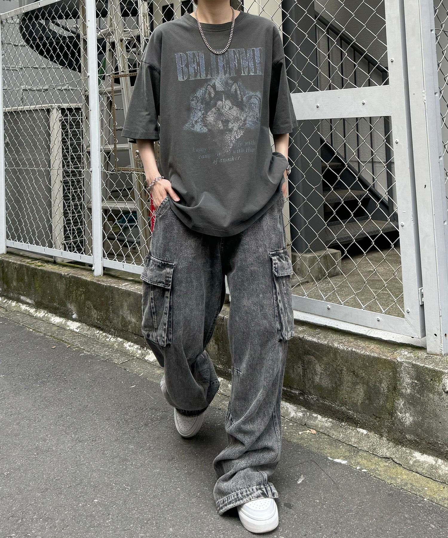 24SS ヴィンテージライク ロックプリント レトロ ピグメント加工 ビッグシルエット半袖バンドTシャツ