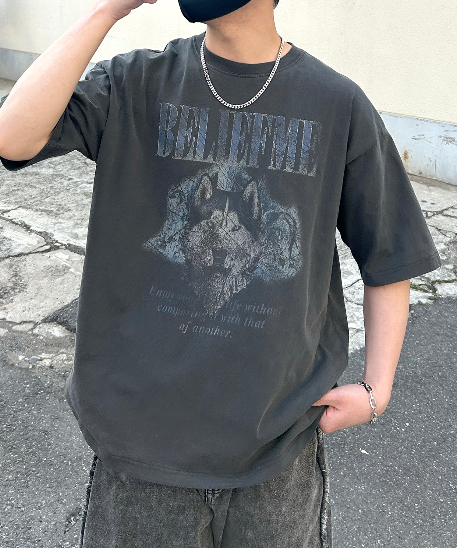 24SS ヴィンテージライク ロックプリント レトロ ピグメント加工 ビッグシルエット半袖バンドTシャツ