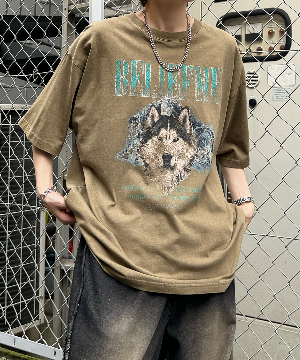 24SS ヴィンテージライク ロックプリント レトロ ピグメント加工 ビッグシルエット半袖バンドTシャツ