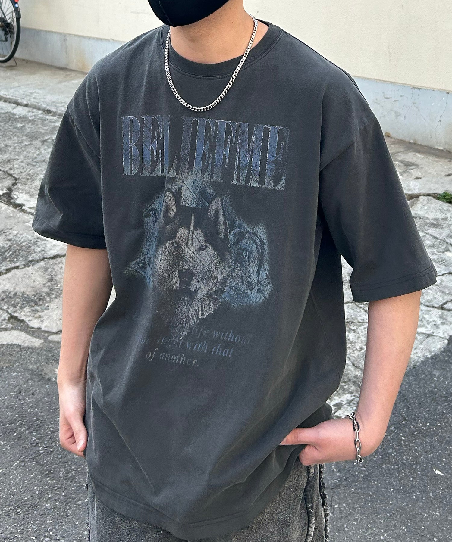 24SS ヴィンテージライク ロックプリント レトロ ピグメント加工 ビッグシルエット半袖バンドTシャツ
