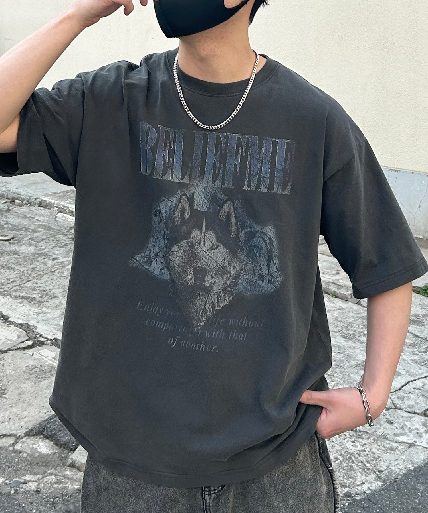 24SS ヴィンテージライク ロックプリント レトロ ピグメント加工 ビッグシルエット半袖バンドTシャツ