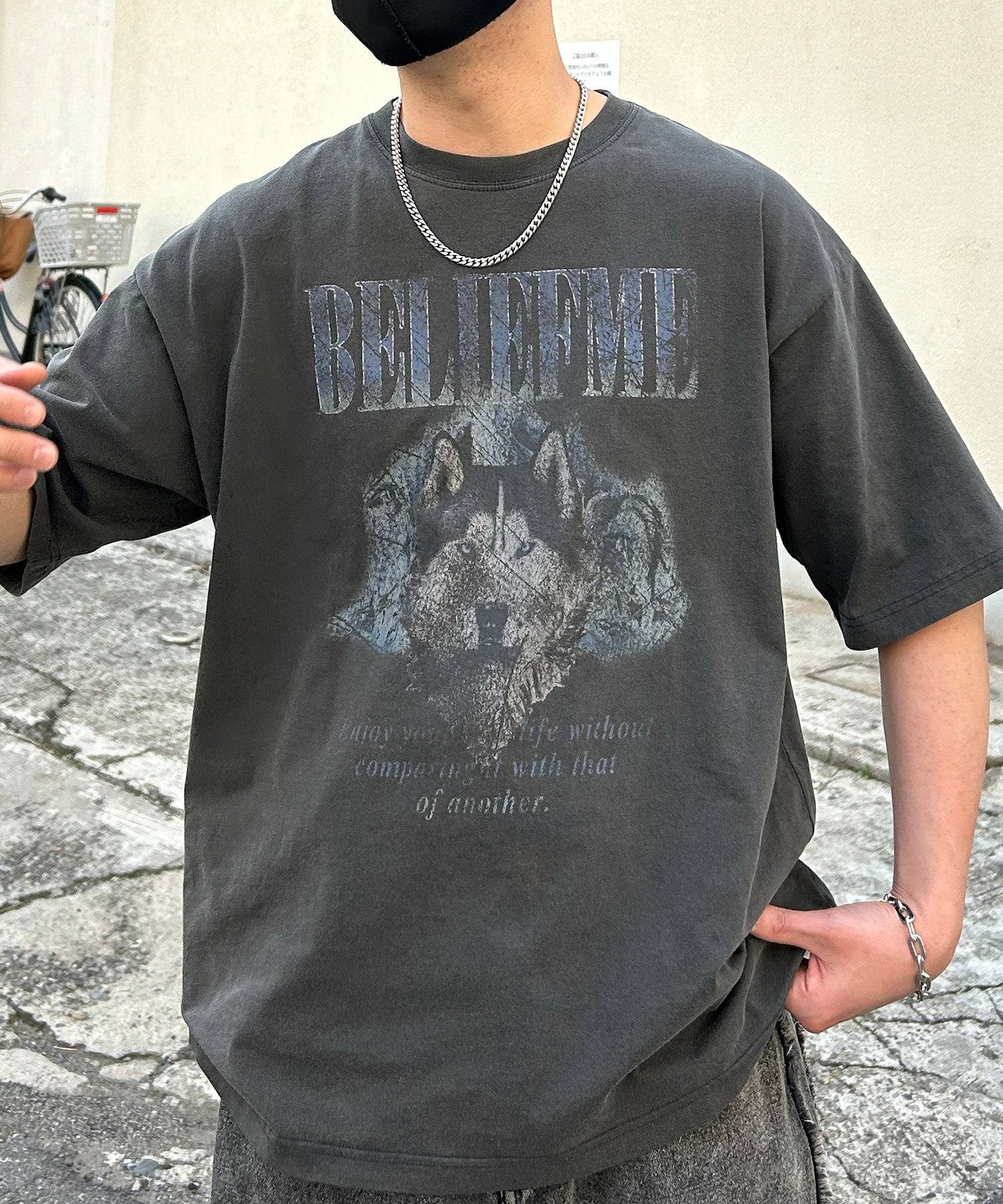 24SS ヴィンテージライク ロックプリント レトロ ピグメント加工 ビッグシルエット半袖バンドTシャツ