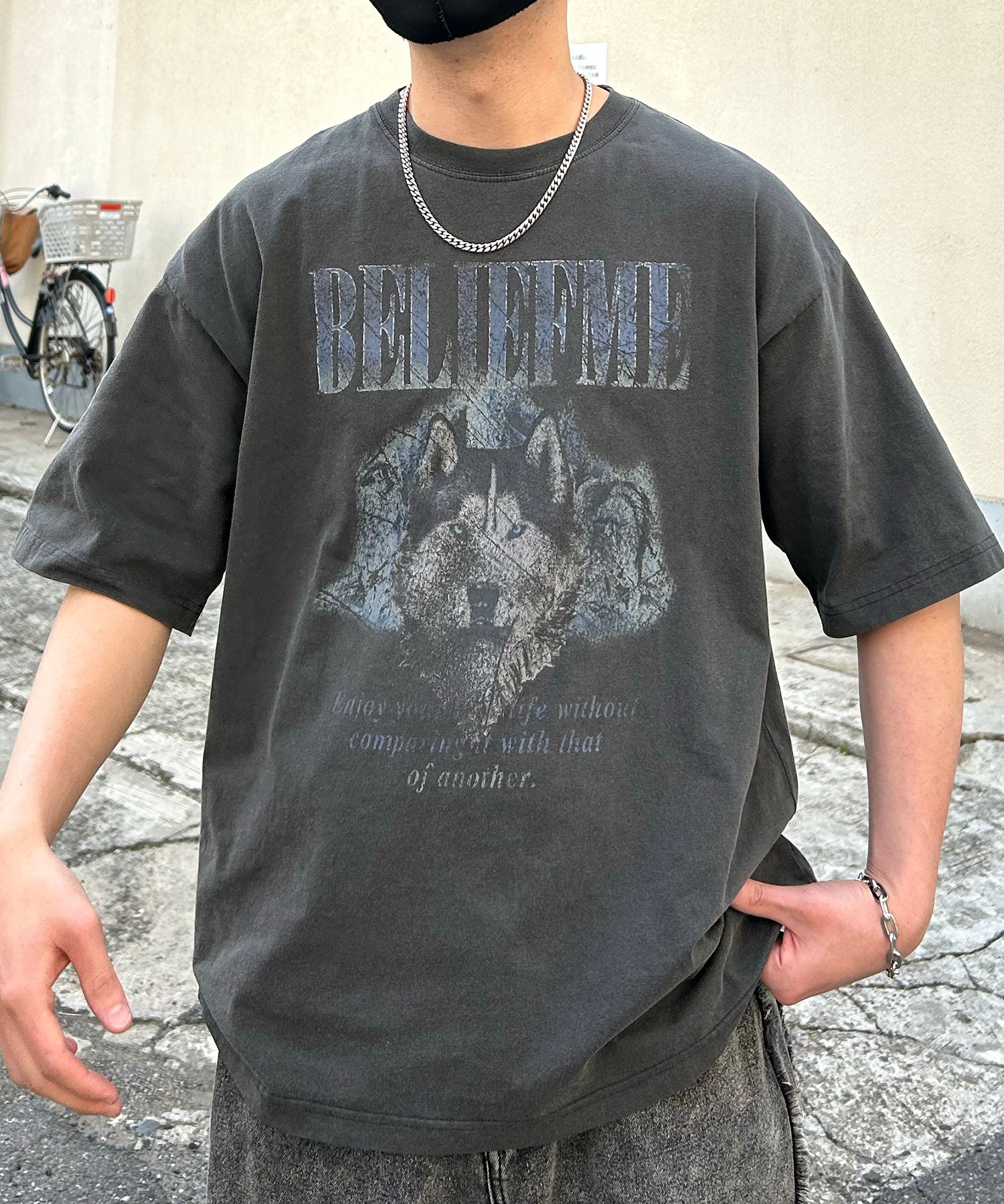 24SS ヴィンテージライク ロックプリント レトロ ピグメント加工 ビッグシルエット半袖バンドTシャツ