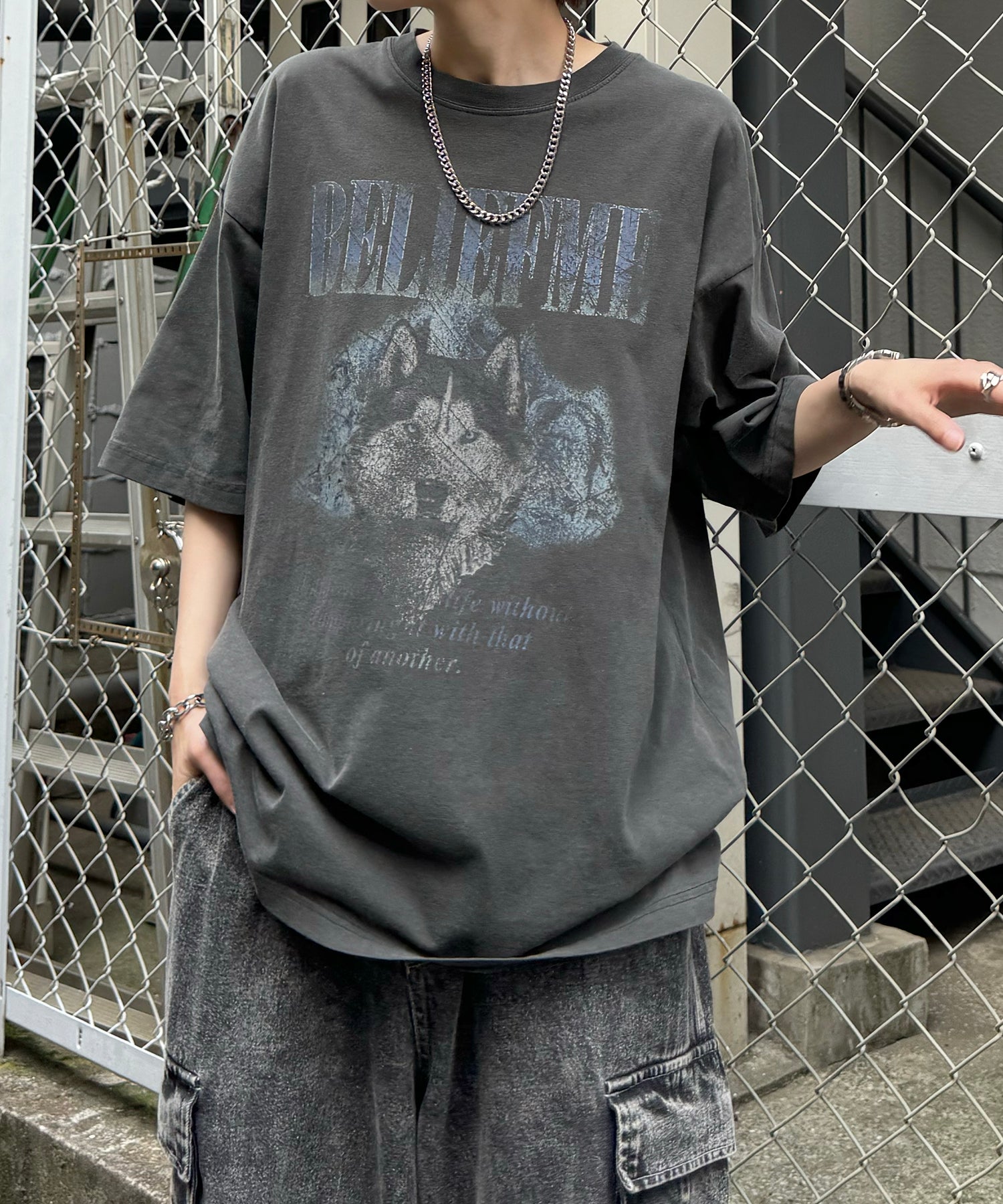 24SS ヴィンテージライク ロックプリント レトロ ピグメント加工 ビッグシルエット半袖バンドTシャツ