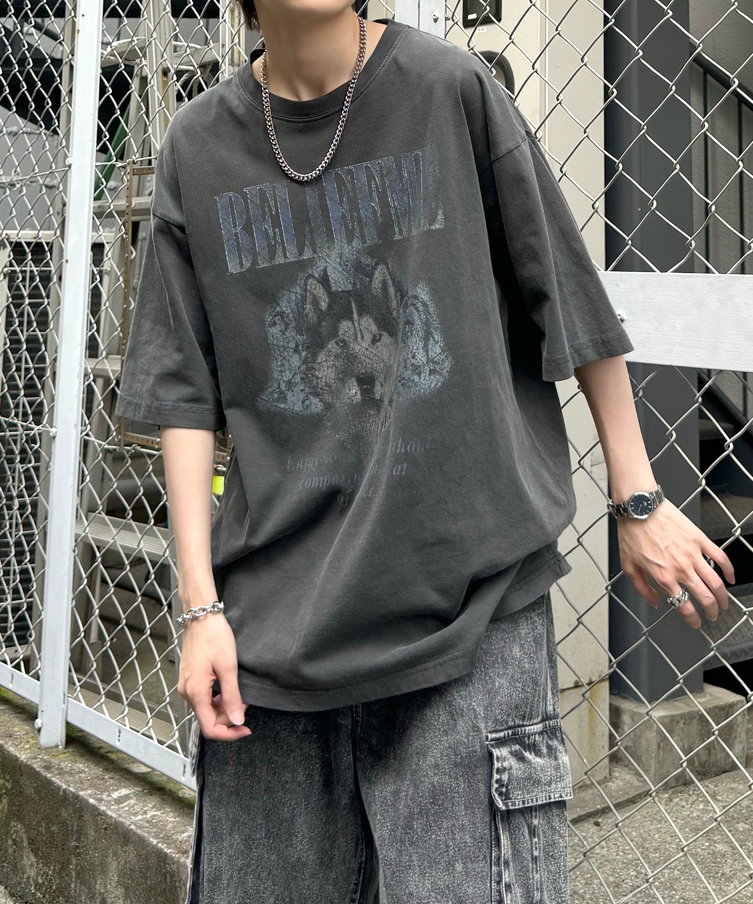 24SS ヴィンテージライク ロックプリント レトロ ピグメント加工 ビッグシルエット半袖バンドTシャツ