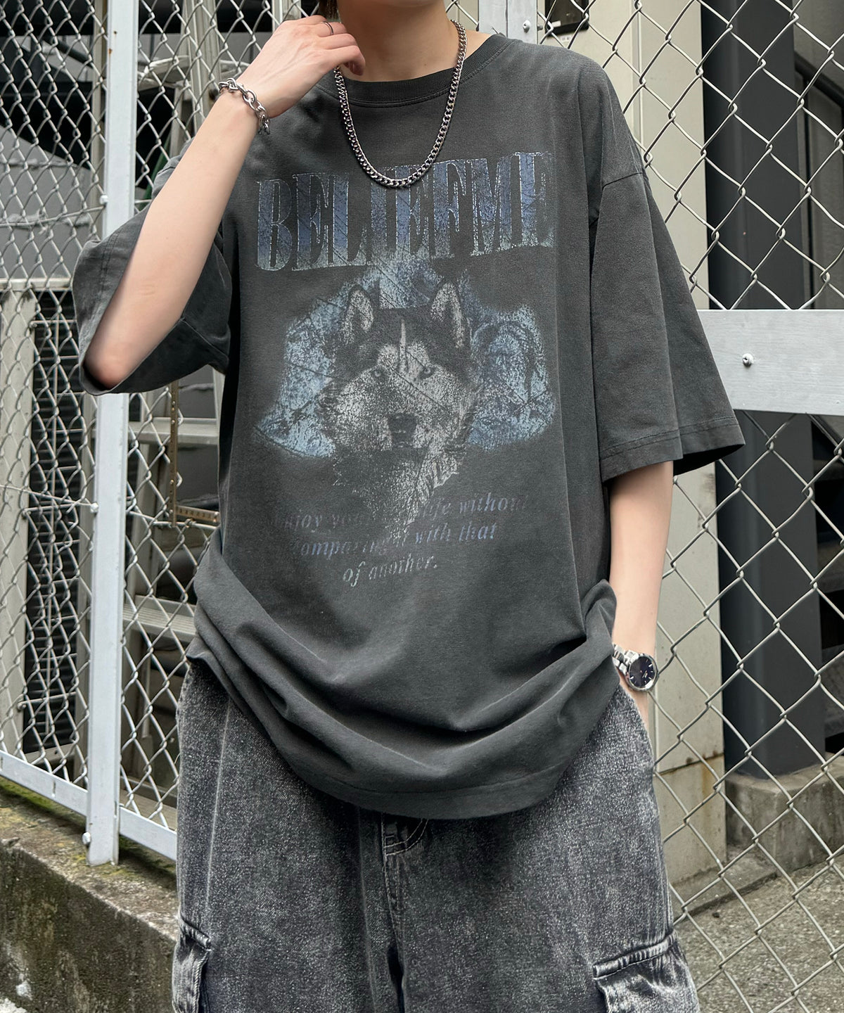 24SS ヴィンテージライク ロックプリント レトロ ピグメント加工 ビッグシルエット半袖バンドTシャツ