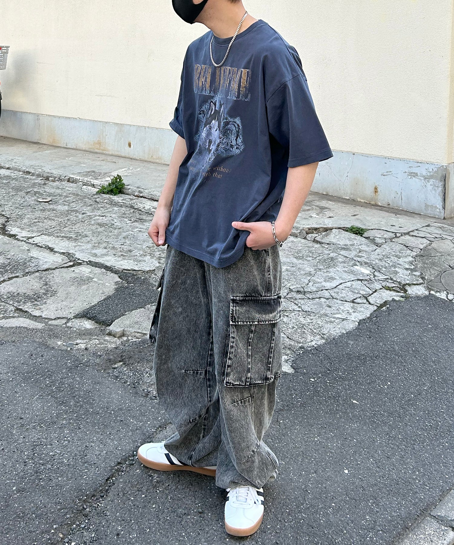 24SS ヴィンテージライク ロックプリント レトロ ピグメント加工 ビッグシルエット半袖バンドTシャツ
