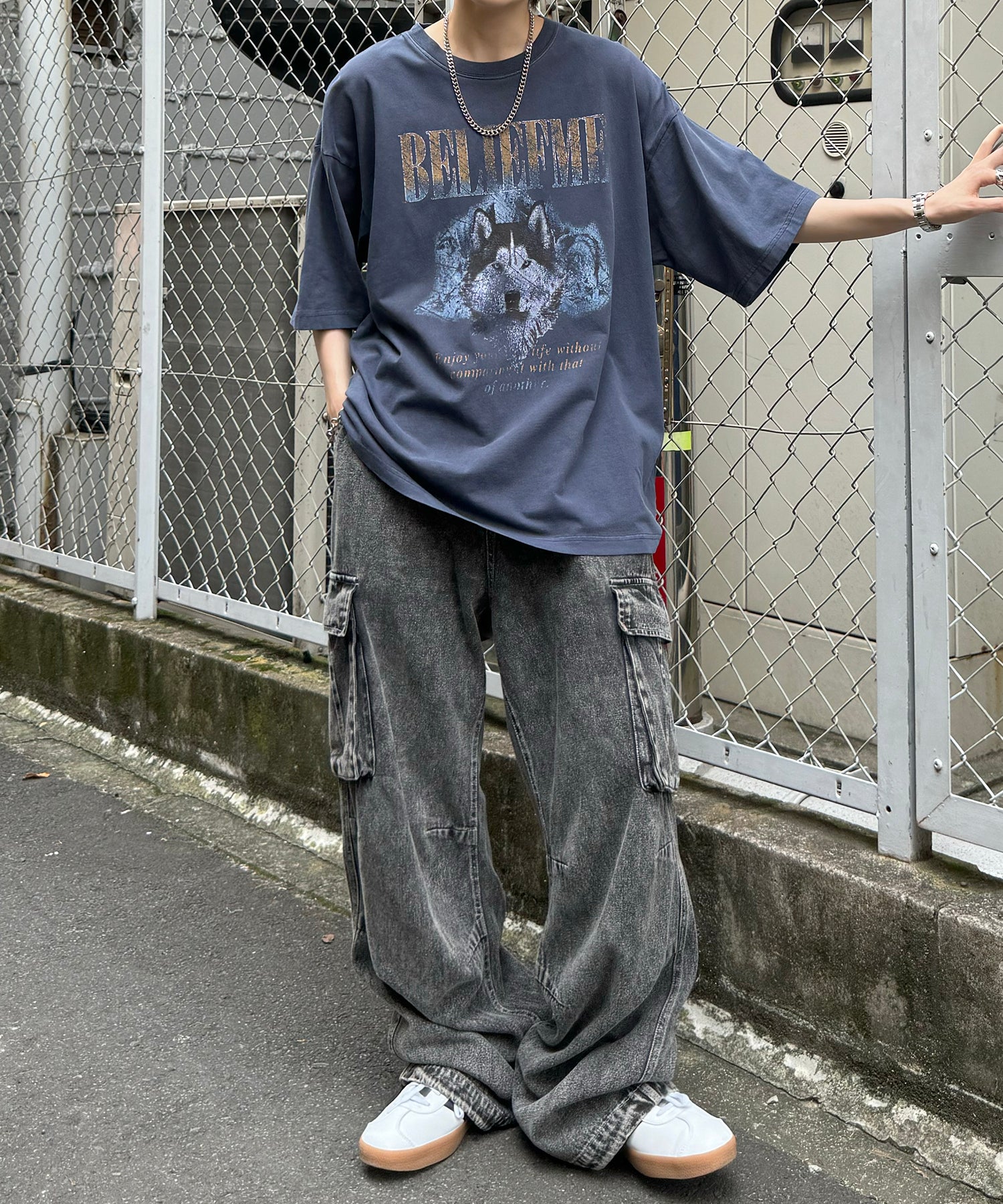 24SS ヴィンテージライク ロックプリント レトロ ピグメント加工 ビッグシルエット半袖バンドTシャツ