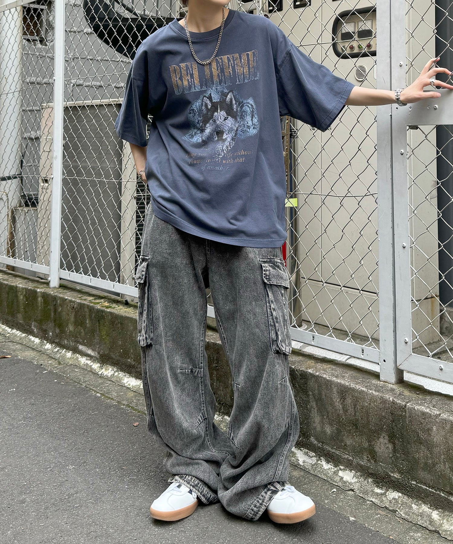 24SS ヴィンテージライク ロックプリント レトロ ピグメント加工 ビッグシルエット半袖バンドTシャツ