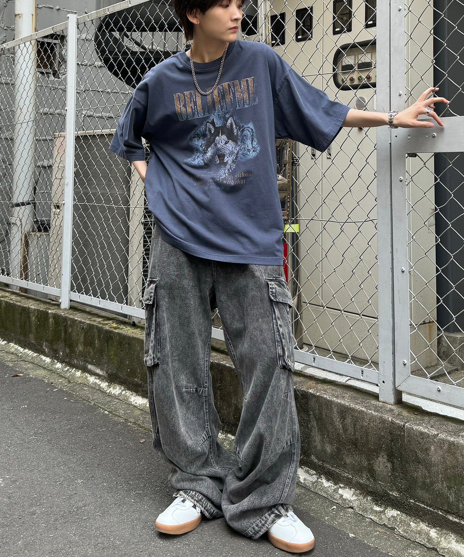 24SS ヴィンテージライク ロックプリント レトロ ピグメント加工 ビッグシルエット半袖バンドTシャツ
