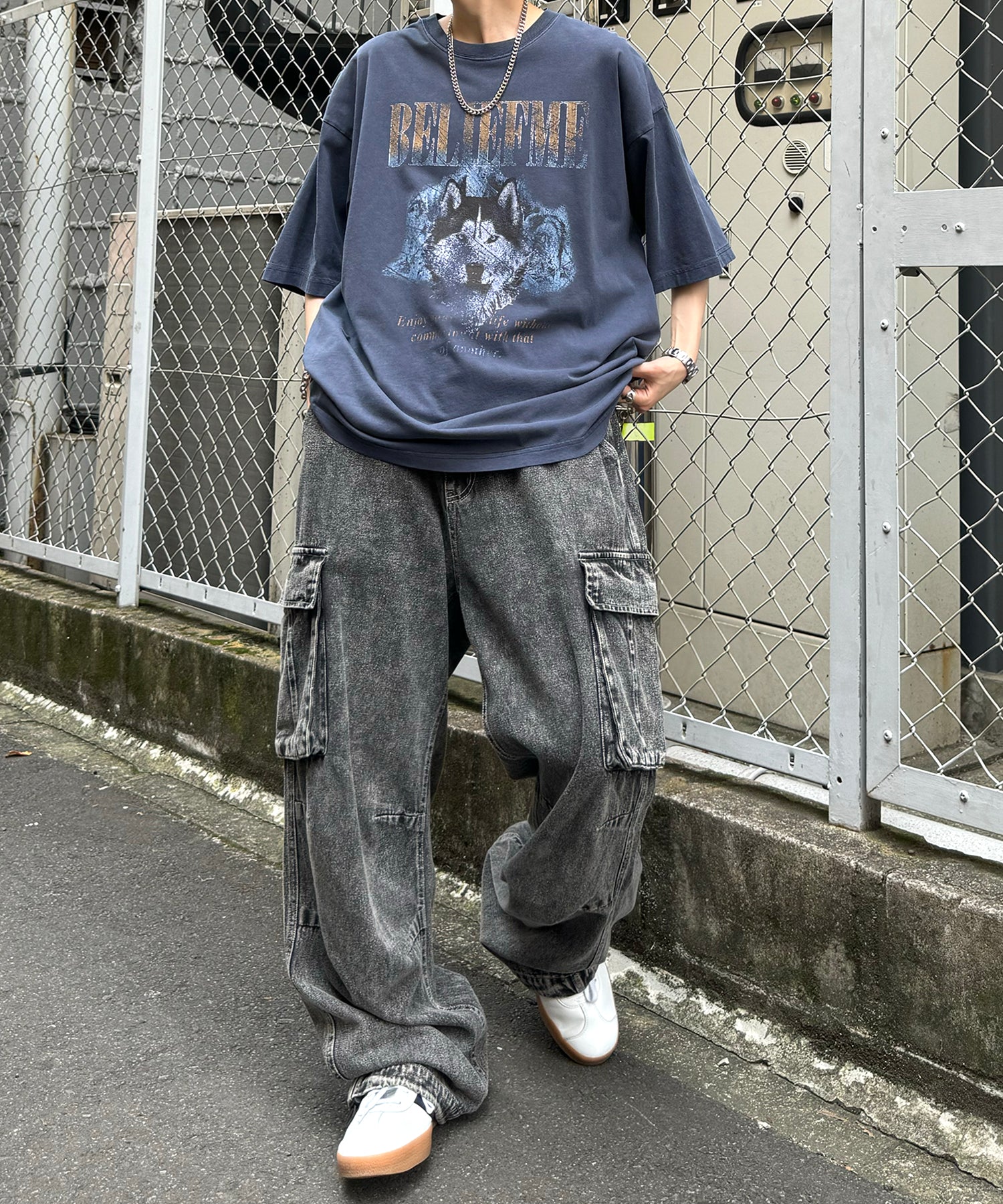 24SS ヴィンテージライク ロックプリント レトロ ピグメント加工 ビッグシルエット半袖バンドTシャツ