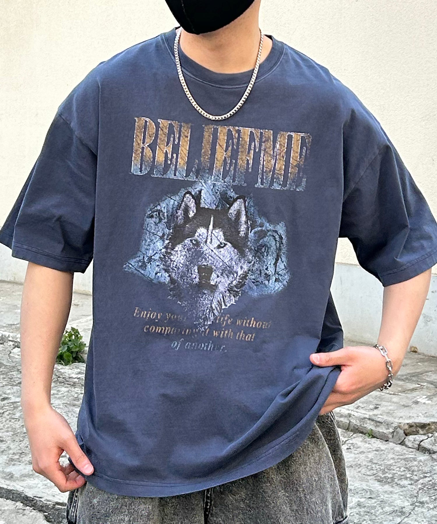 24SS ヴィンテージライク ロックプリント レトロ ピグメント加工 ビッグシルエット半袖バンドTシャツ